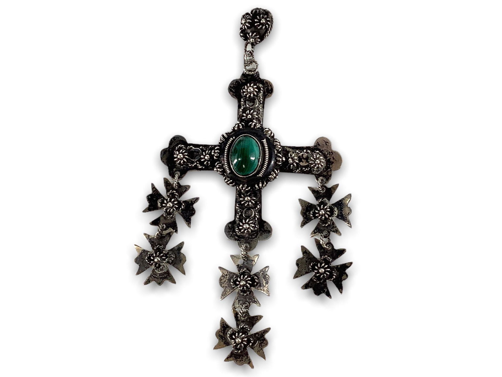 Sterling Silver Cross Pendant: Sterling Silver Cross Pendant Malachite center stone cabochon, 4" in total length, made in Mexico, stamped and tested 925/sterling silver, Greek cross design, 0.585 troy ounces tw.