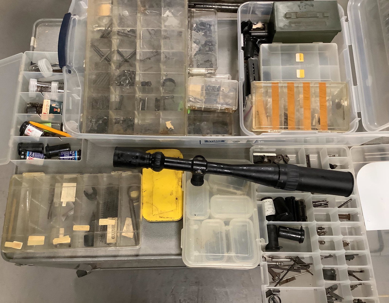 Lot of miscellaneous gun parts including scope and magazines: Lot of miscellaneous gun parts including scope and magazines