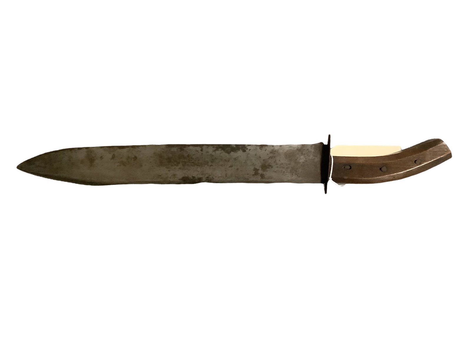 Massive Confederate fighting bowie knife. Walnut slab grips, thin steel cross-guard and a thin: Massive Confederate fighting bowie knife. Walnut slab grips, thin steel cross-guard and a thin silver colored metal octagon cap. OAL: 22 1/2" Blade: 15 3/4" Blade width: 2"