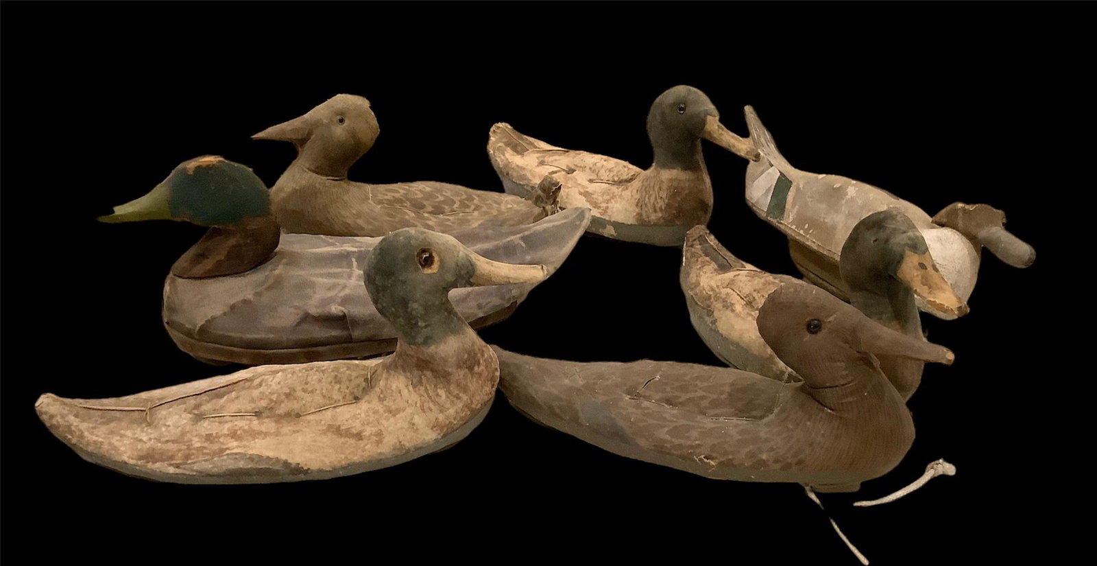 Lot of 7 canvas duck decoys - 6 mallards and 1 pintail (head collapsed): Lot of 7 canvas duck decoys - 6 mallards and 1 pintail (head collapsed)