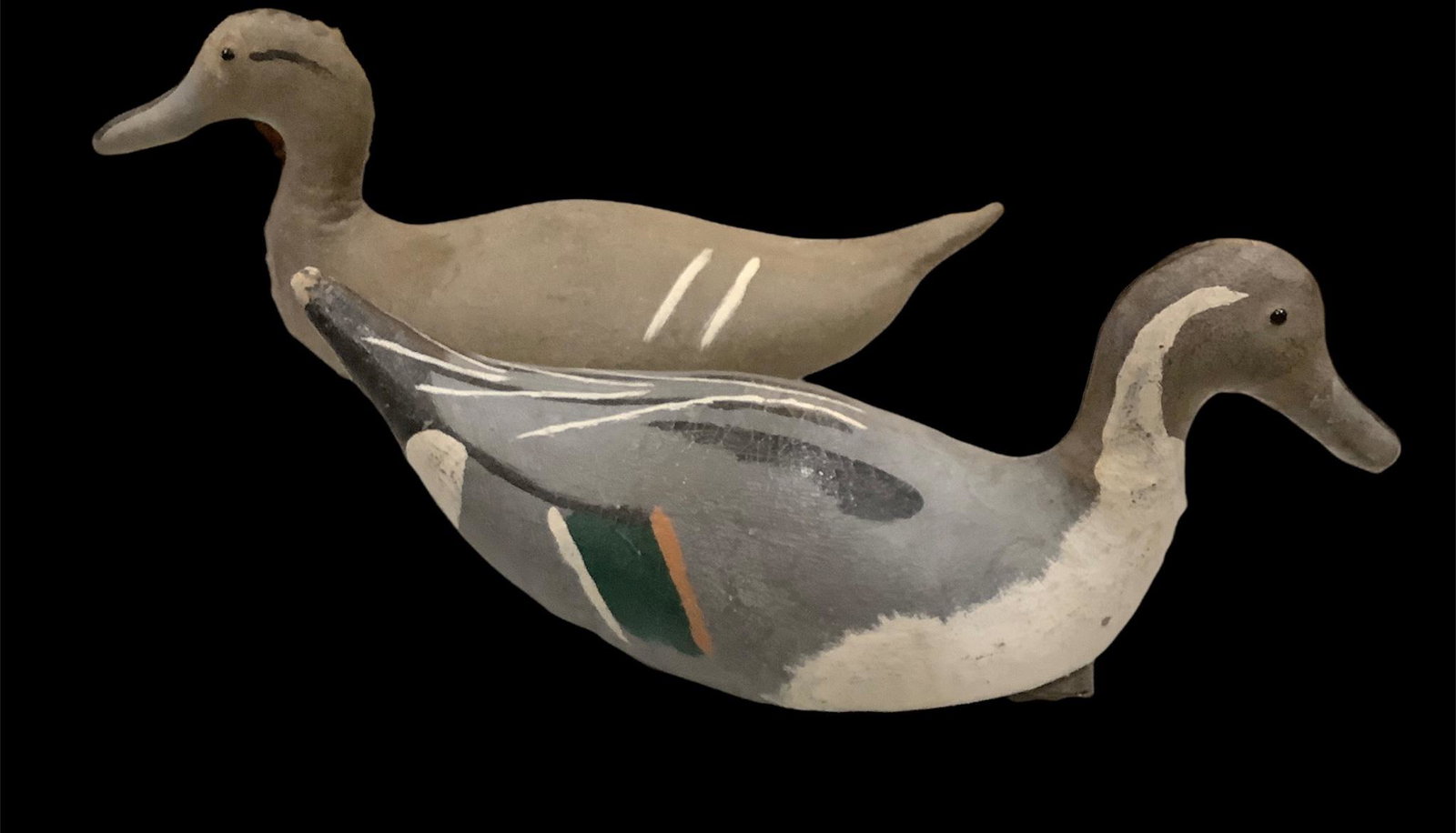 Pair of canvas covered pintail duck decoys by Scott Decoy.: Pair of canvas covered pintail duck decoys by Scott Decoy.