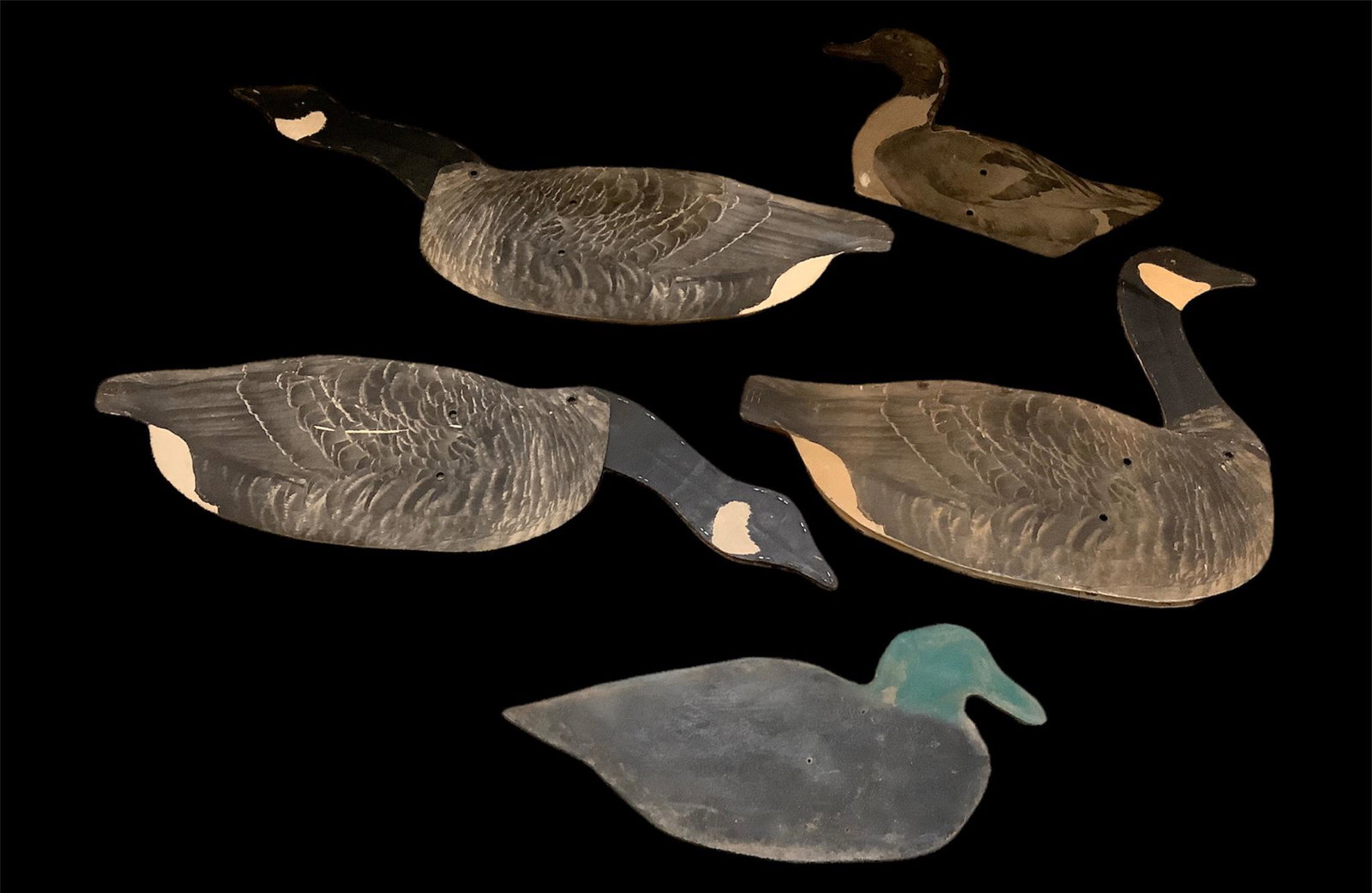 5 field decoys - geese and ducks - 4 paper and 1 pressboard.: 5 field decoys - geese and ducks - 4 paper and 1 pressboard.