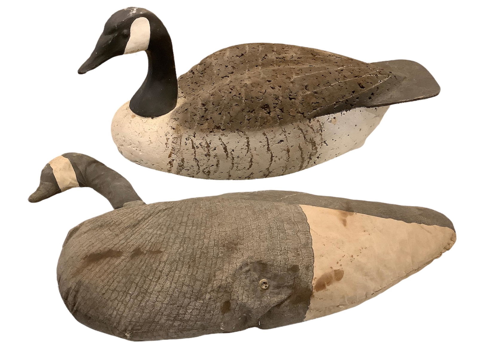 2 Canada Geese decoys - 1 cork and 1 cloth.: 2 Canada Geese decoys - 1 cork and 1 cloth.