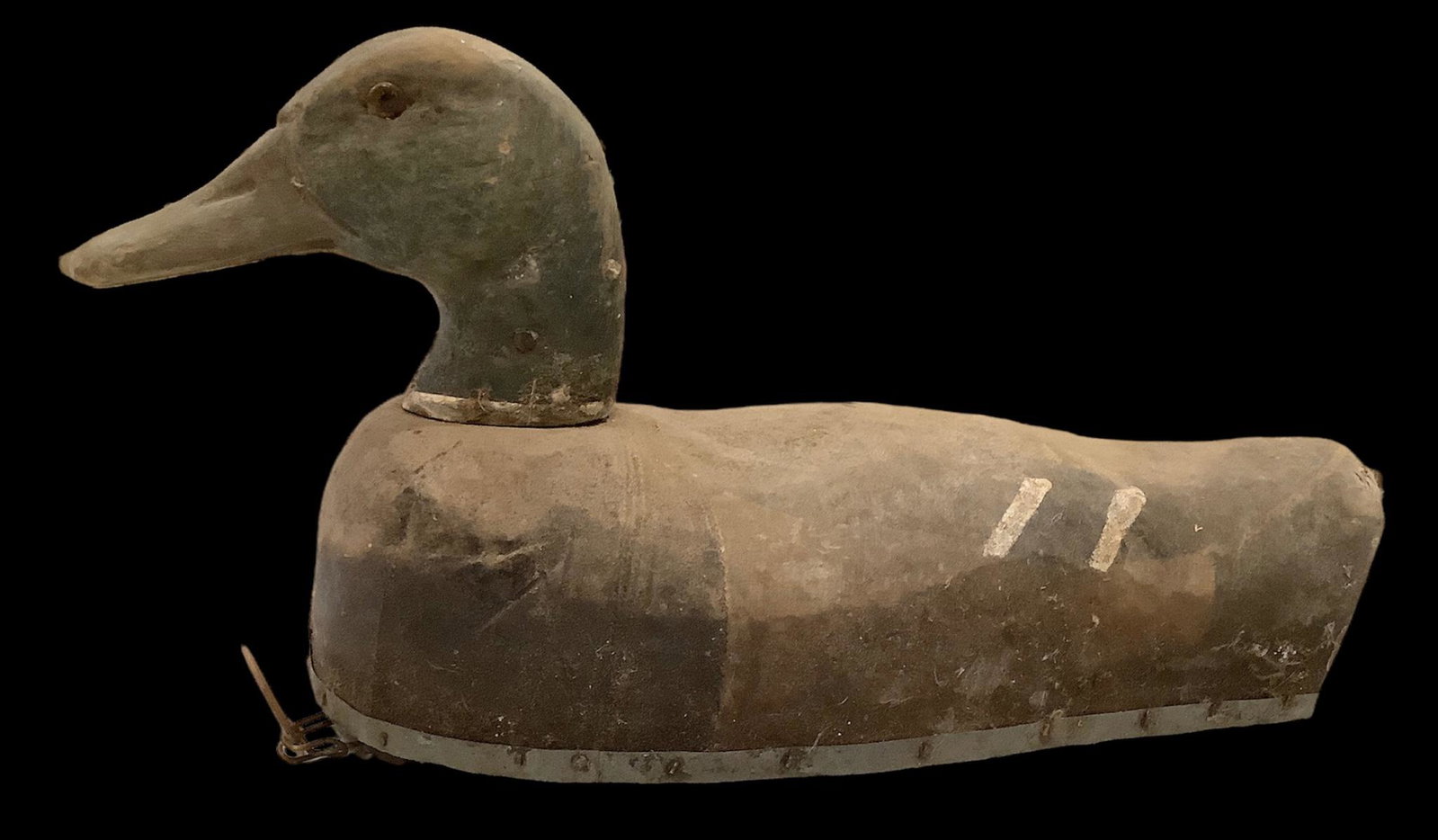 Heater's drake Mallard decoy - canvas over cork.: Heater's drake Mallard decoy - canvas over cork.