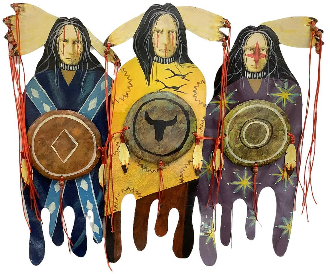 Decorative metal art wall hanging of 3 Native Americans, signed on back but indistinguishable,: Decorative metal art wall hanging of 3 Native Americans, signed on back but indistinguishable, approximately 23"h x 27"w.