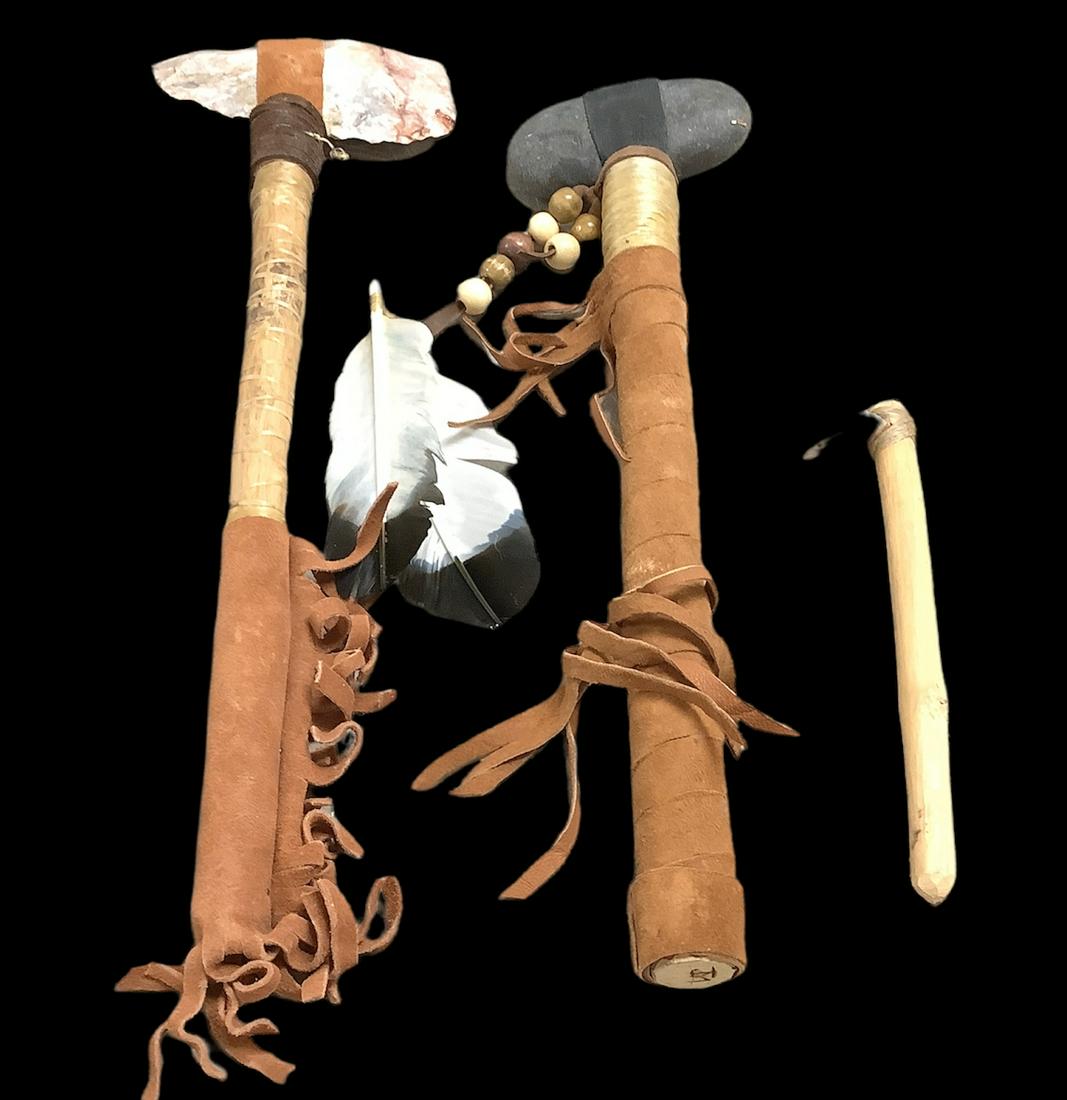 Lot of 3 Native American artifact replicas including tiny garden hoe 8", flint head tomahawk with: Lot of 3 Native American artifact replicas including tiny garden hoe 8", flint head tomahawk with 5.5" flint head and stone head club.