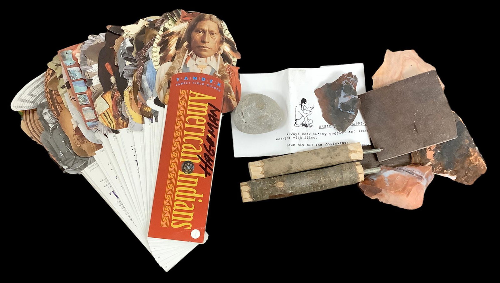 Lot including a Basic Flint Knapping Kit (1 leather palm protector, 1 hammer stone, 4 pieces of: Lot including a Basic Flint Knapping Kit (1 leather palm protector, 1 hammer stone, 4 pieces of flint and 2 copper tipped pressure chippers) and a fandex of facts about 50 Native American tribes.
