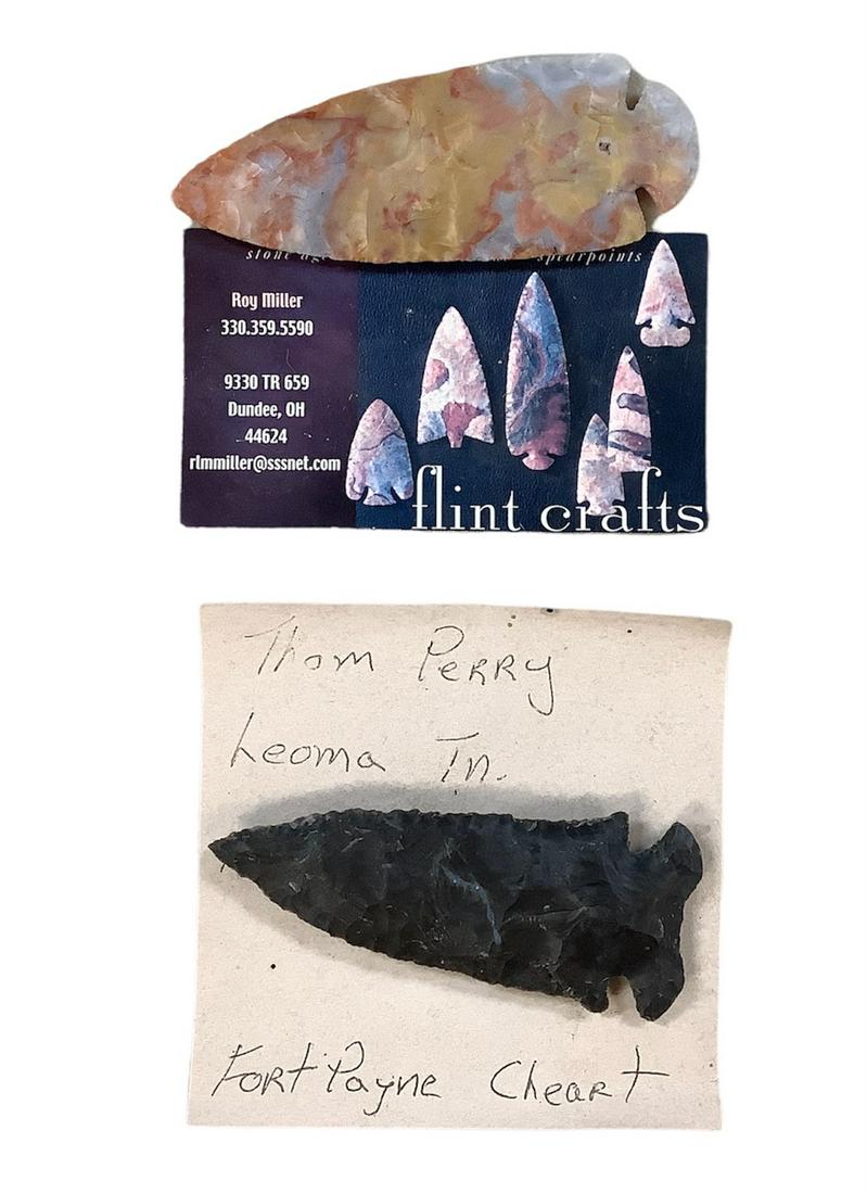 Modern knapped points made by Roy Miller and Thom Perry. Gray measuring 3.25" and marbled measuring: Modern knapped points made by Roy Miller and Thom Perry. Gray measuring 3.25" and marbled measuring 3.5".