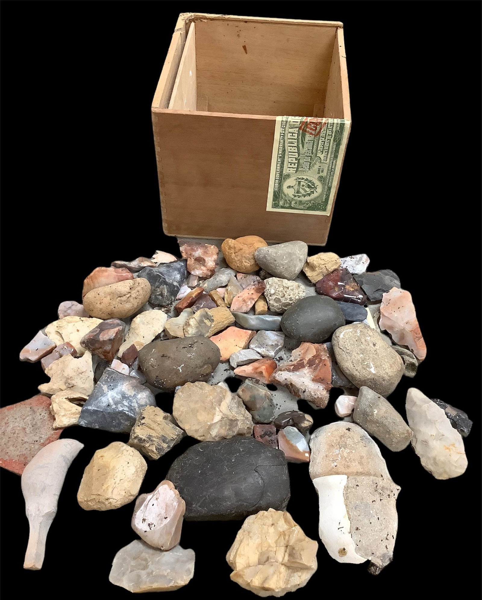 Box of flint, rock & pottery treasures including polished pieces and partial/ incomplete artifacts.: Box of flint, rock & pottery treasures including polished pieces and partial/ incomplete artifacts.