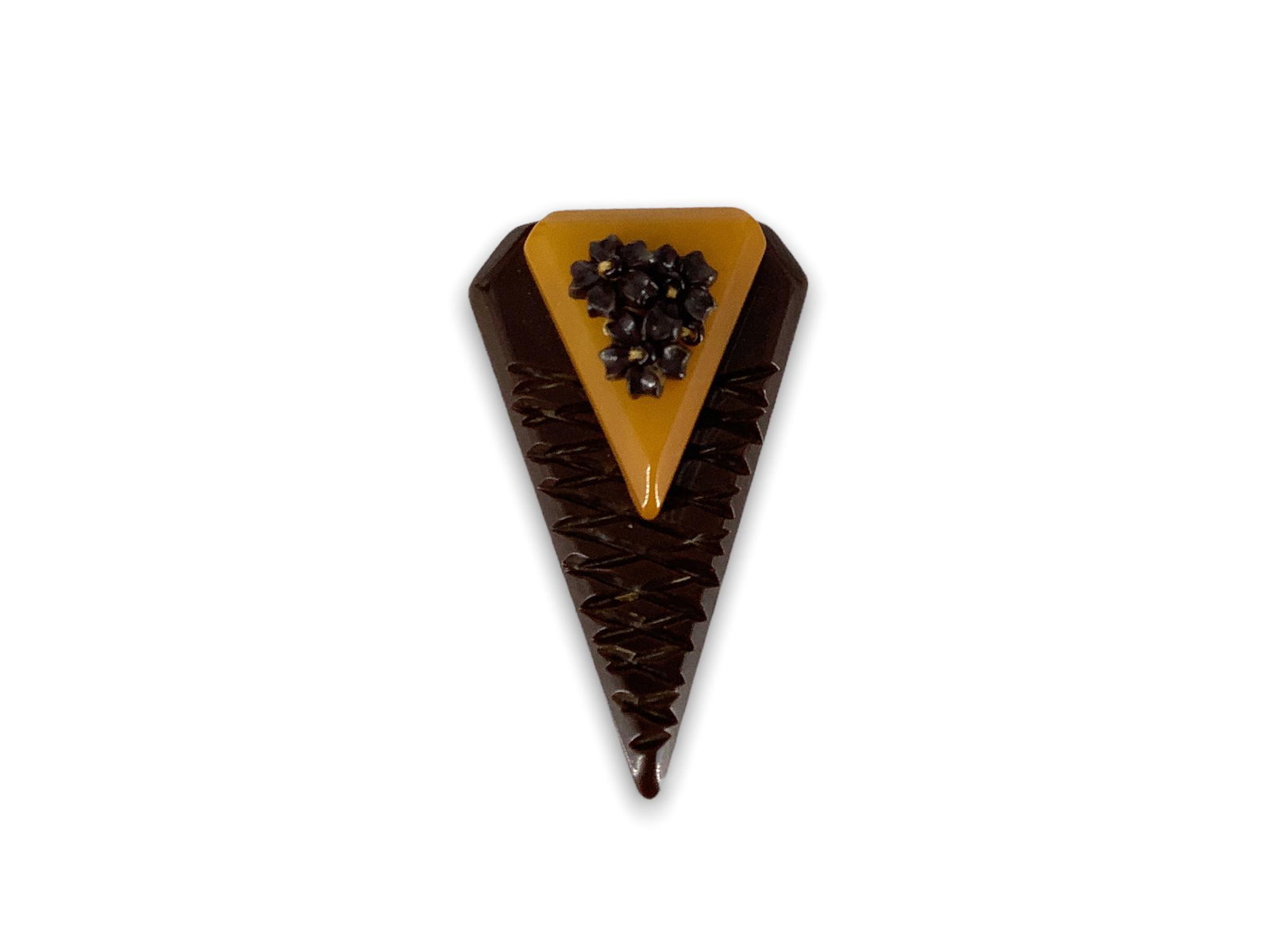 Vintage Bakelite Pin: Vintage Bakelite Pin Measures 53.0mm x 32.5mm in size, triangular shape, dual tone brown/orange with bakelite composition, three small floral beads on string (slightly loose).