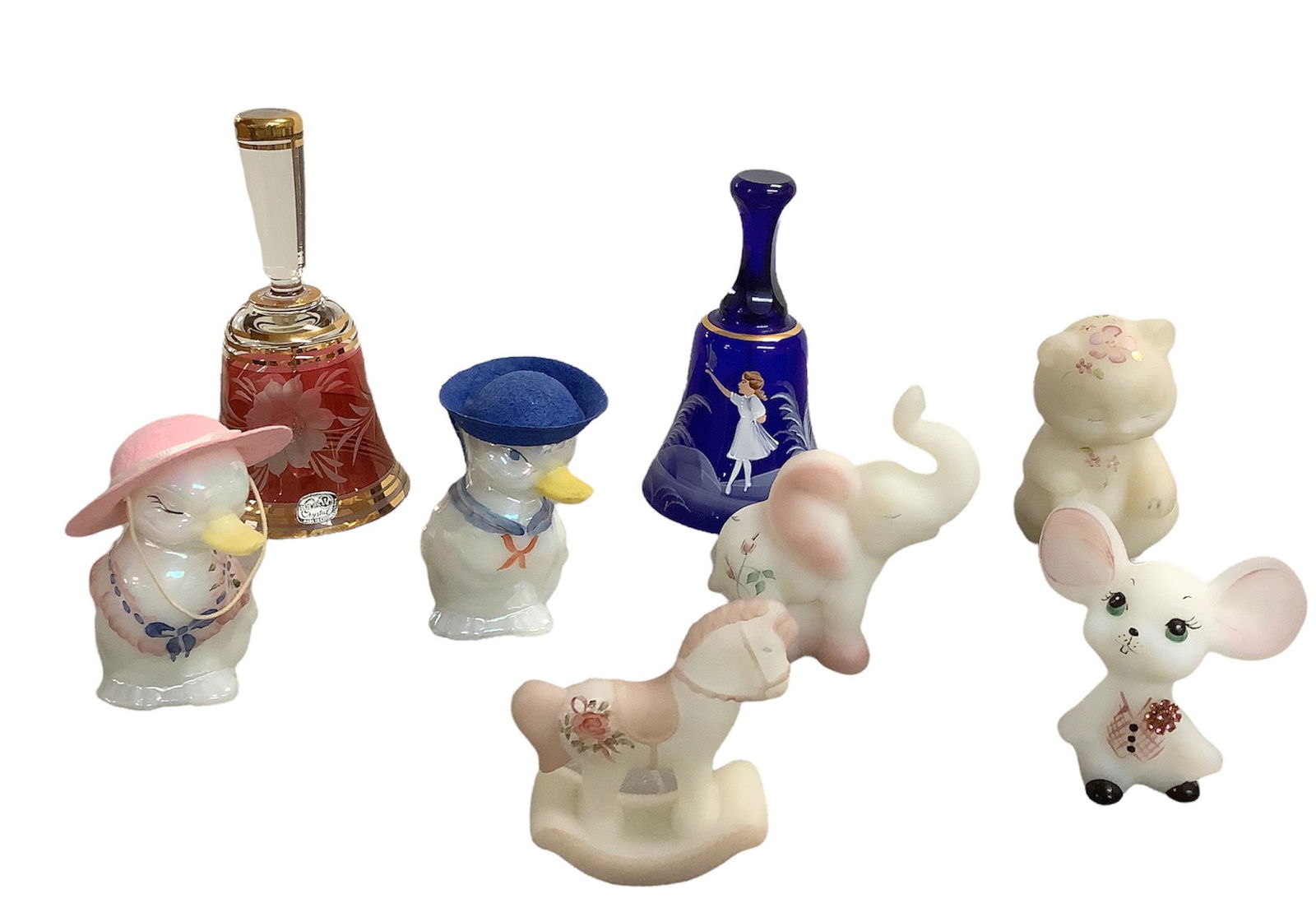 Lot of 8 - bells and animal figurines. Animals are Fenton Opalescent white measuring between 3” (1 of 2)