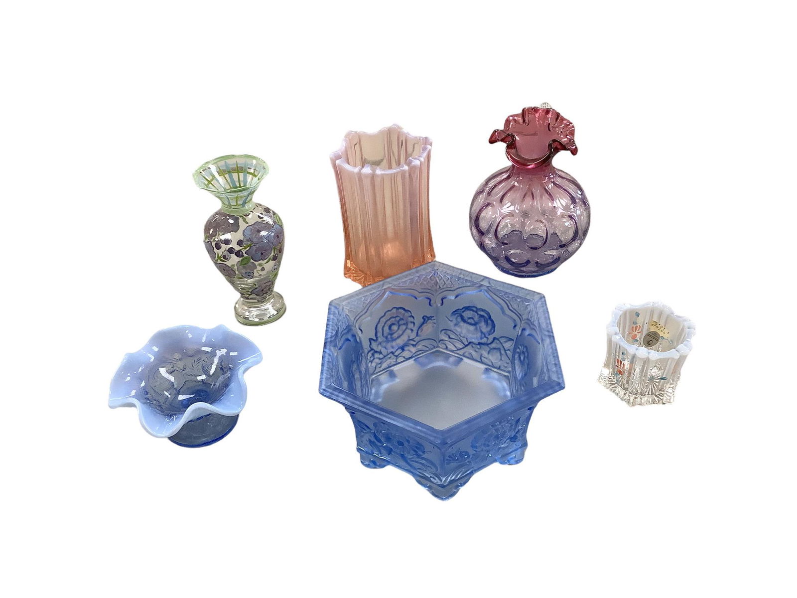 Lot of 6 Fenton pieces including amethyst to cranberry thumbprint pitcher, (7”), hand painted (1 of 1)