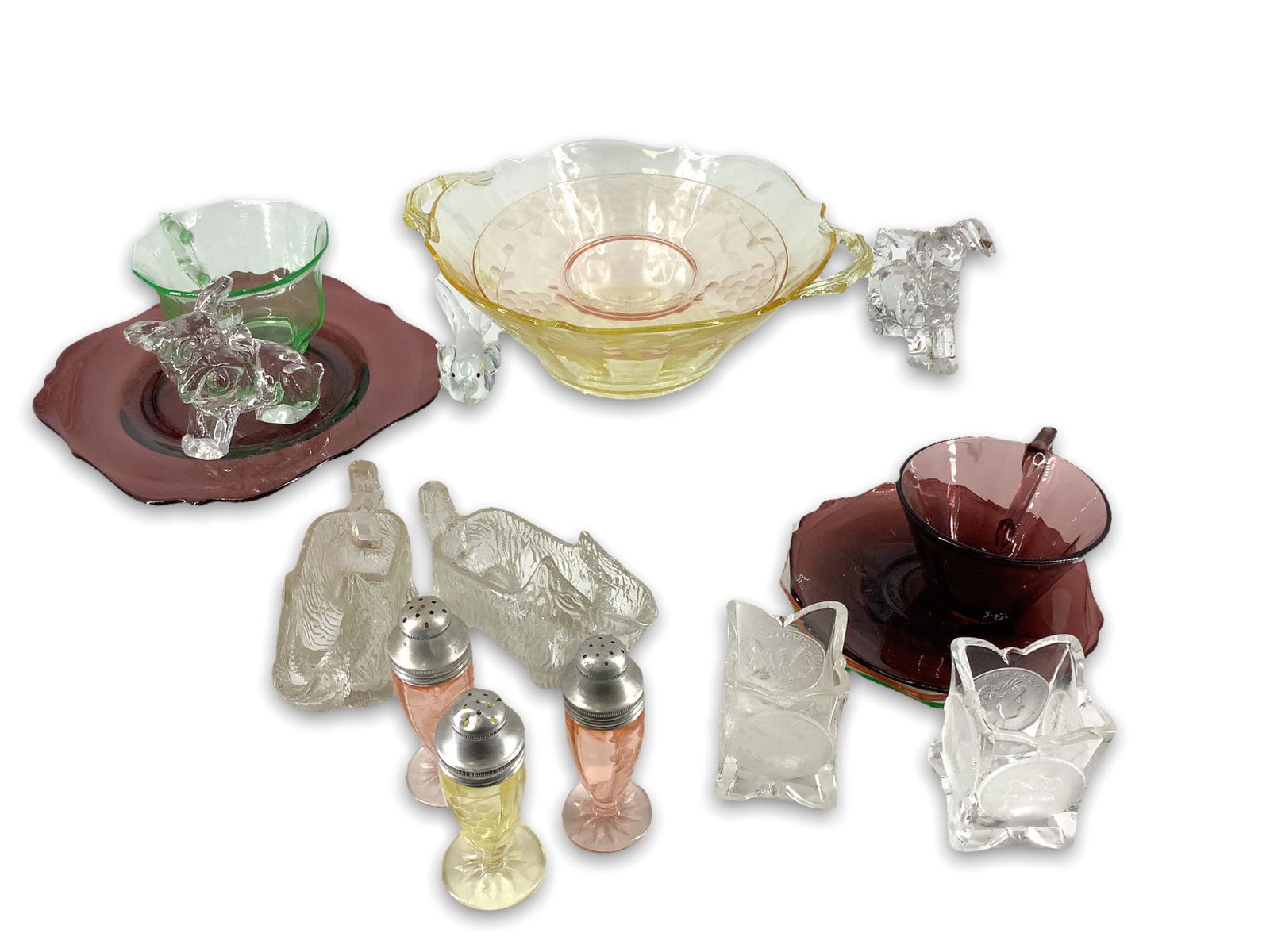 Box lot of 16 to include Depression glass salt and pepper - pair of pink and one yellow. Two handled (1 of 2)