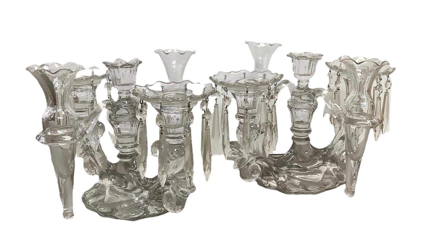 Pair of Cambridge Arms crystal bud vase candelabra. Measures 9” tall and 13” wide.: Pair of Cambridge Arms crystal bud vase candelabra. Measures 9” tall and 13” wide. Complete with all prisms. No chips or cracks.