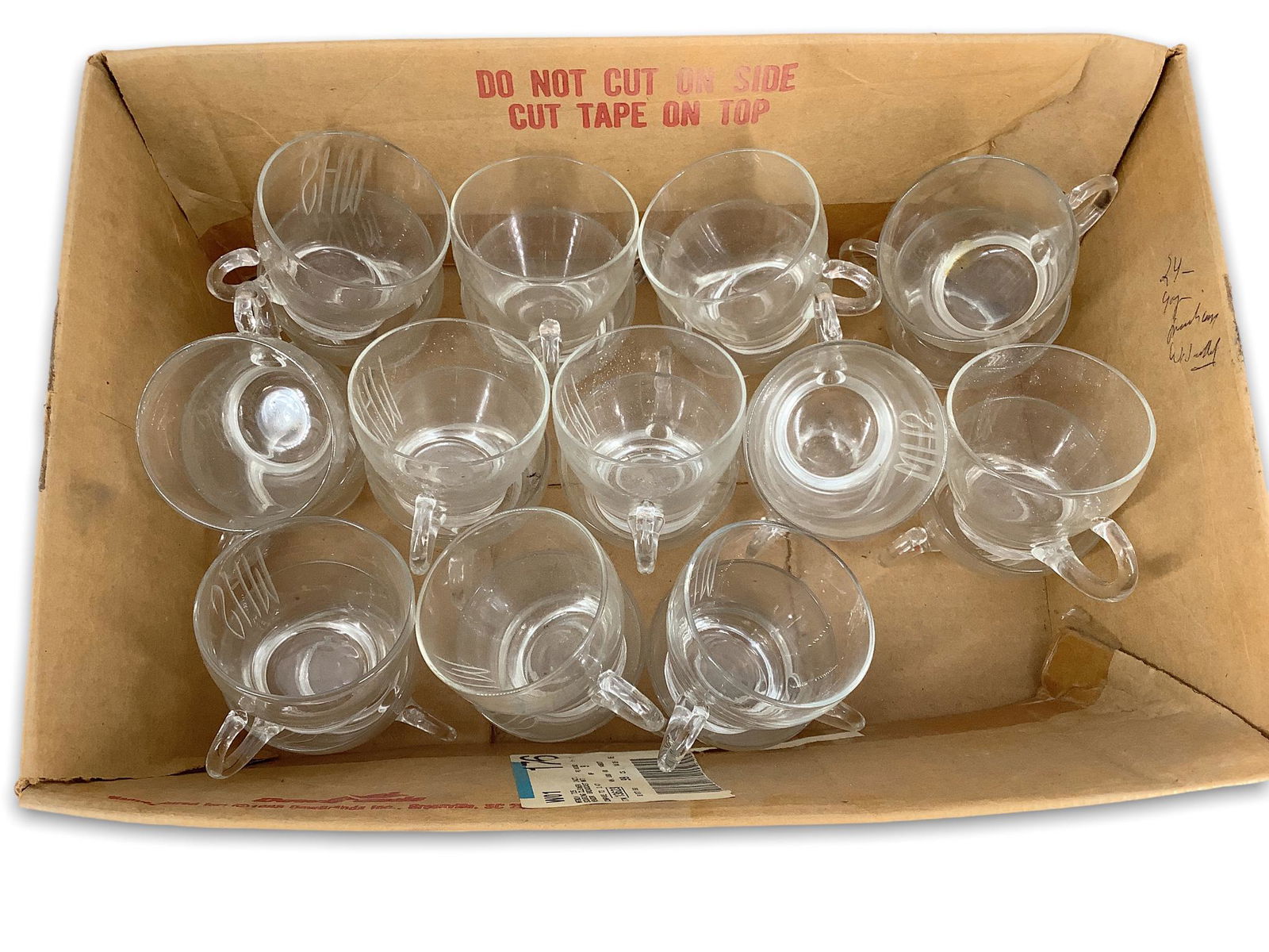 Heisey lot of twenty four #1173 4oz custard/punch cups monogrammed WHS for Walter Seidel cut by his: Heisey lot of twenty four #1173 4oz custard/punch cups monogrammed WHS for Walter Seidel cut by his father Max Seidel. This lot was directly descended from the family of Max Seidel.