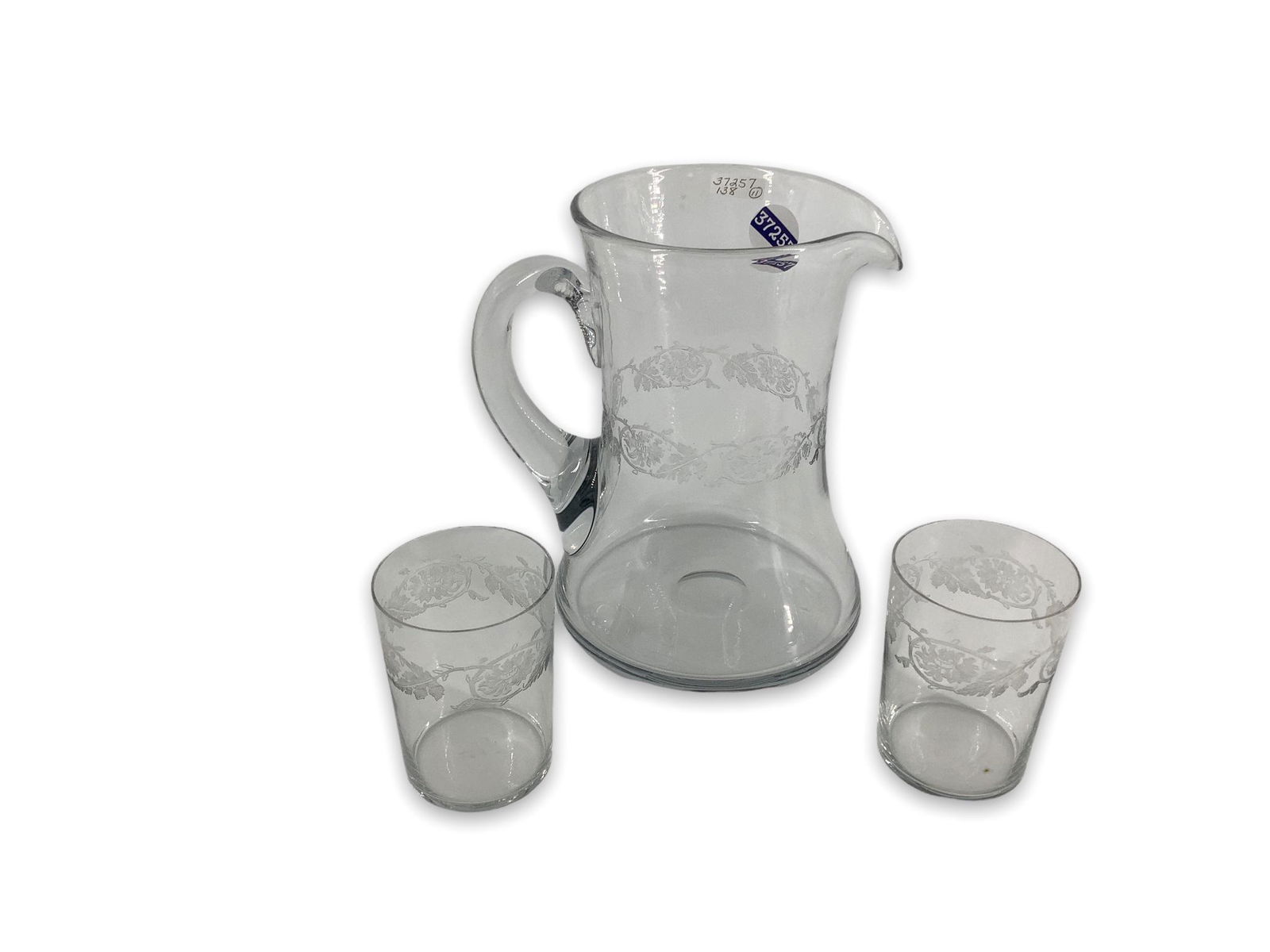 Heisey #4160 1/2 gallon jug with Sabrina etch & (10) #2930 10oz. Blown tumblers Sabrina etch. (1 of 3)