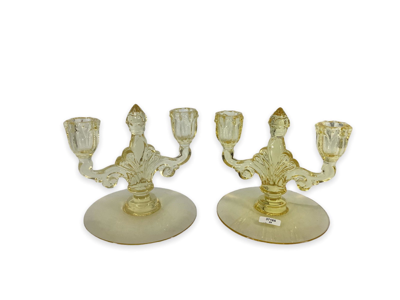 Heisey sahara pair of #134 trident two light candle sticks: Heisey sahara pair of #134 trident two light candle sticks