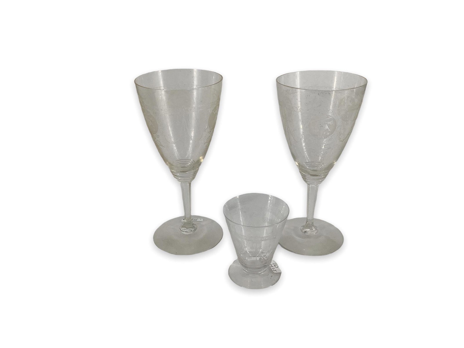 Heisey lot of 6 #3350 Wabash goblets with pied piper etch H and 1 Alibi 3oz cocktail with pied piper: Heisey lot of 6 #3350 Wabash goblets with pied piper etch H and 1 Alibi 3oz cocktail with pied piper etch