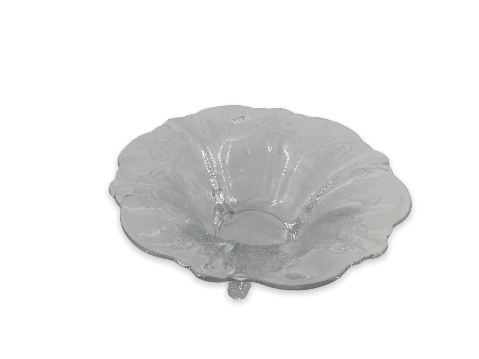 Heisey #1509 Queen Ann 11" seahorse footed floral bowl with minuet etch: Heisey #1509 Queen Ann 11" seahorse footed floral bowl with minuet etch
