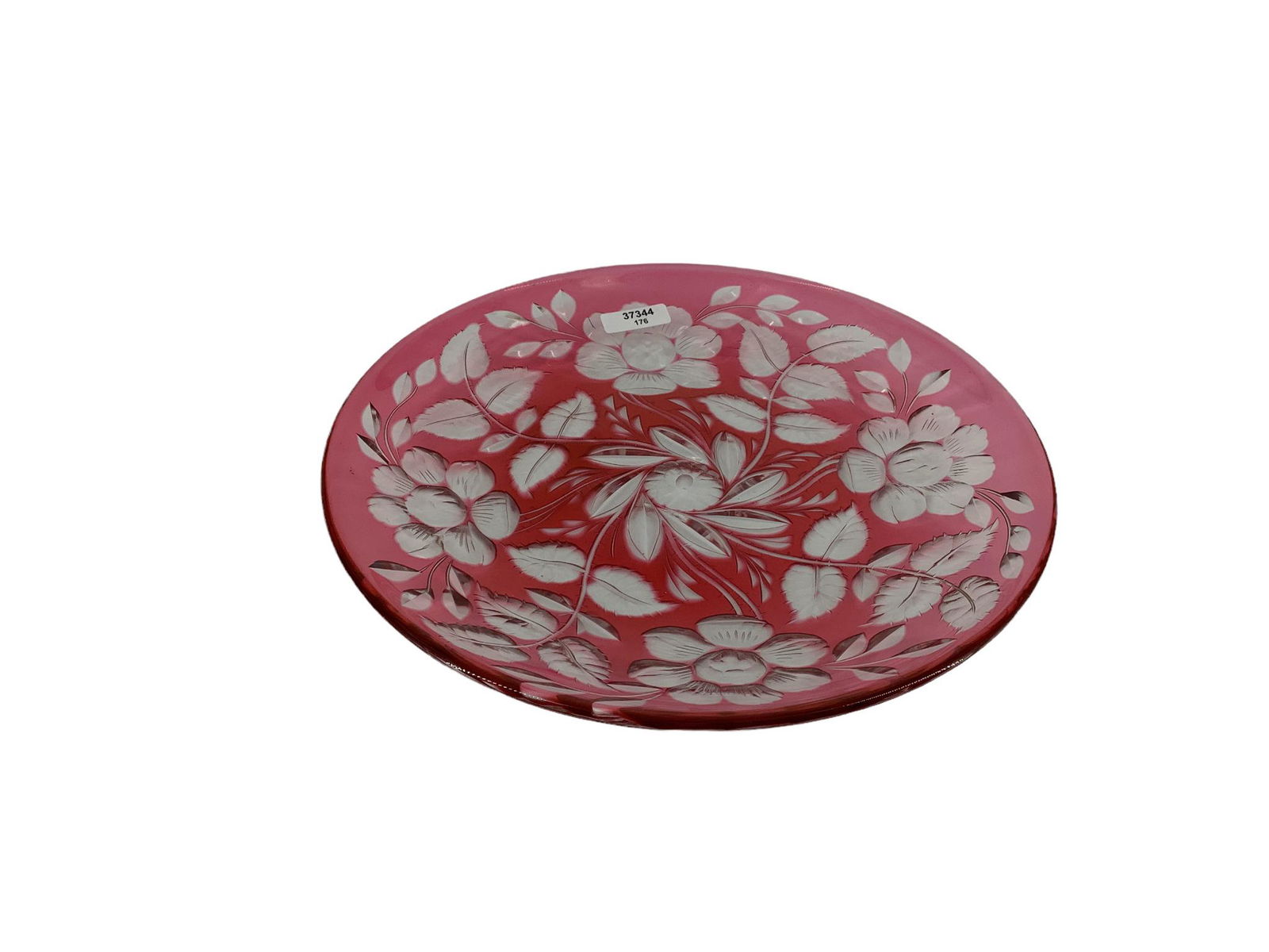 Heisey unknown blank 8.5” plate, cranberry cut to clear with flower and leaves cutting from (1 of 1)
