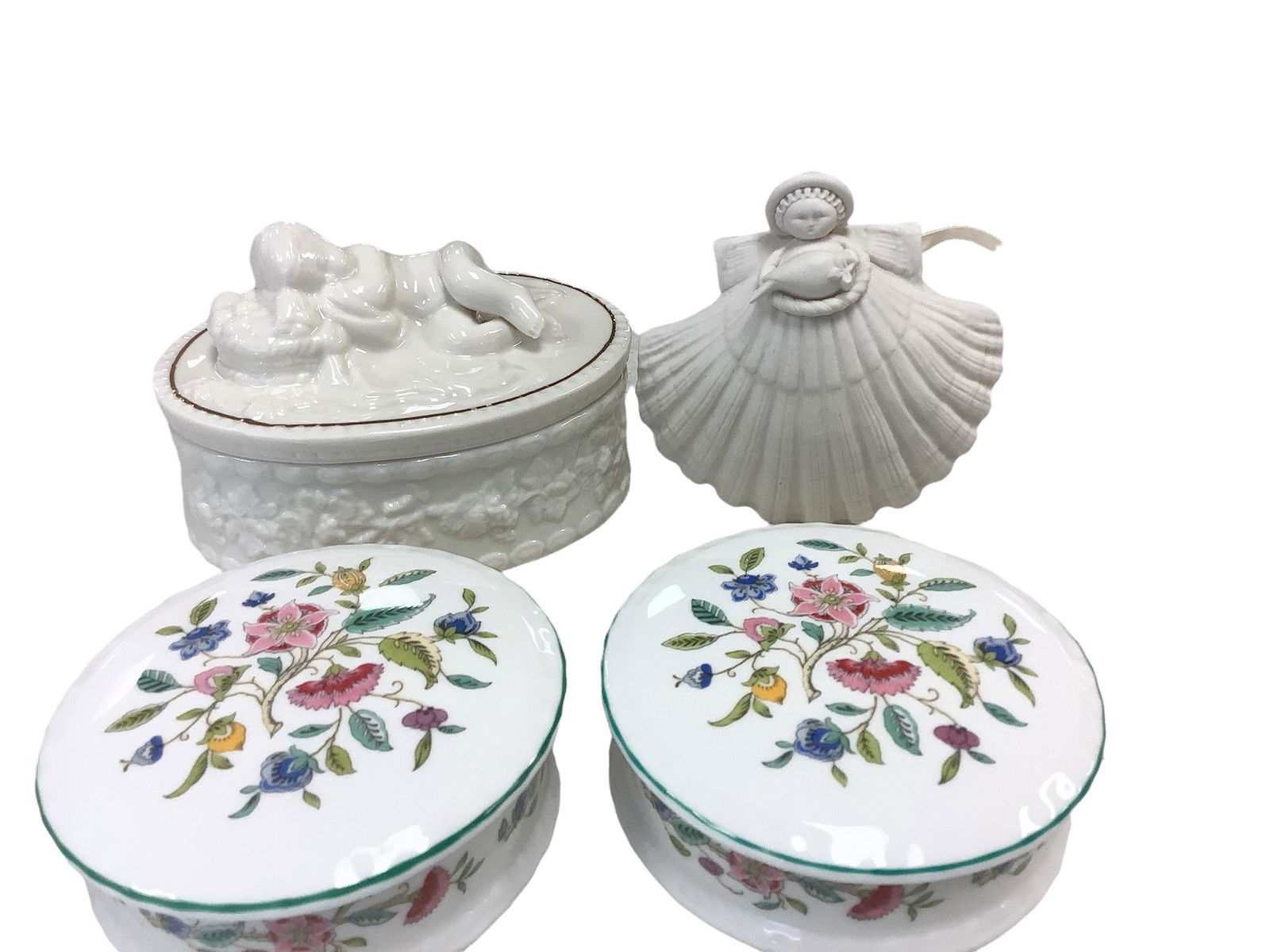 Two Minton Haddon Hall round boxes one Belleek Cherub trinket box and a handmade porcelain angel by (1 of 1)