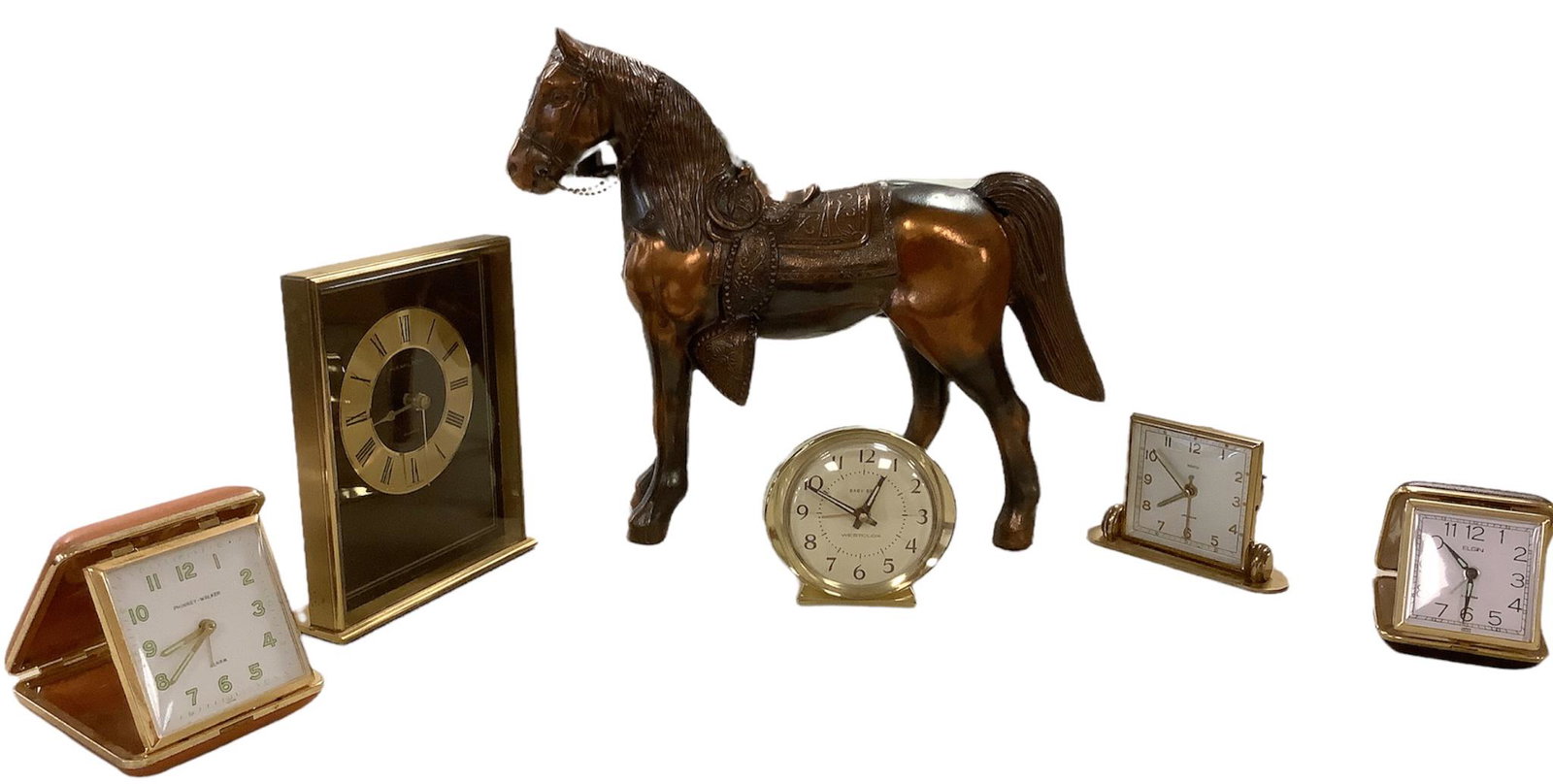 Lot of 5 alarm clocks - 2 folding travel, Baby Ben, Reno, Hamilton and 10" x 12" tall vintage: Lot of 5 alarm clocks - 2 folding travel, Baby Ben, Reno, Hamilton and 10" x 12" tall vintage carnival horse copper tone over pot metal