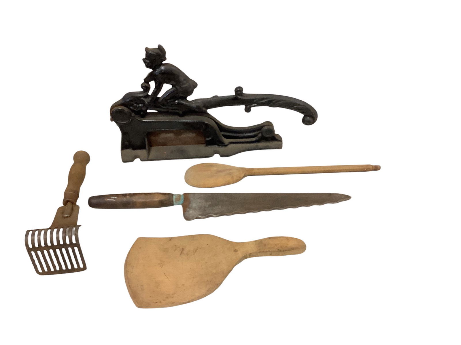 Lot of vintage kitchen tools including a 15" serrated bread knife from the Akron Baking Co., a 9" (1 of 2)