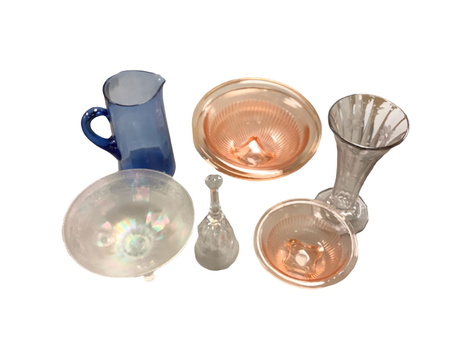 Lot of glassware including two 9.75" and one 6.75" pink depression glass bowls with vertical (1 of 1)