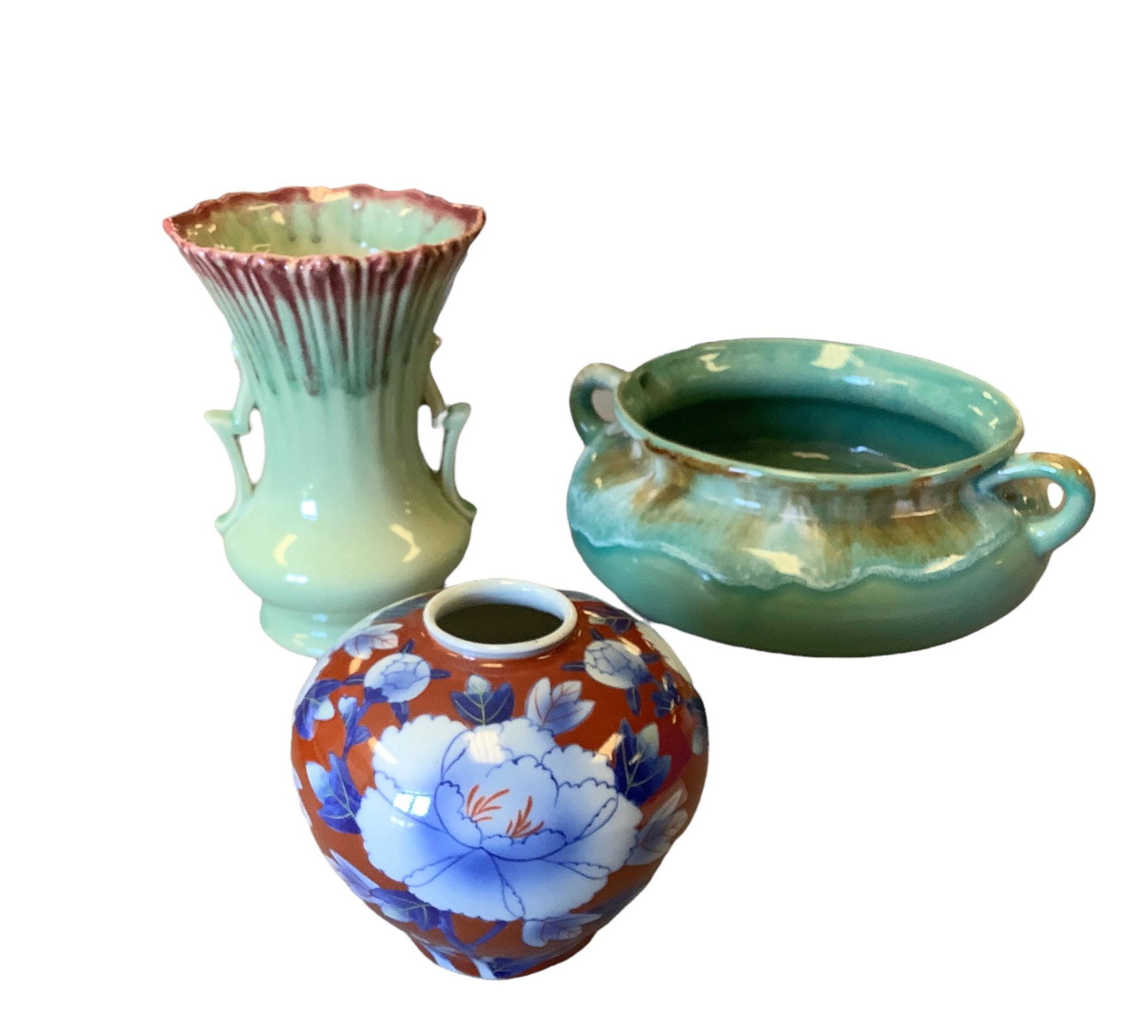 Roseville Ohio R.R.P.CO.green and brown planter.4" tall with diameter of 7". McCoy vase 7" tall (1 of 2)