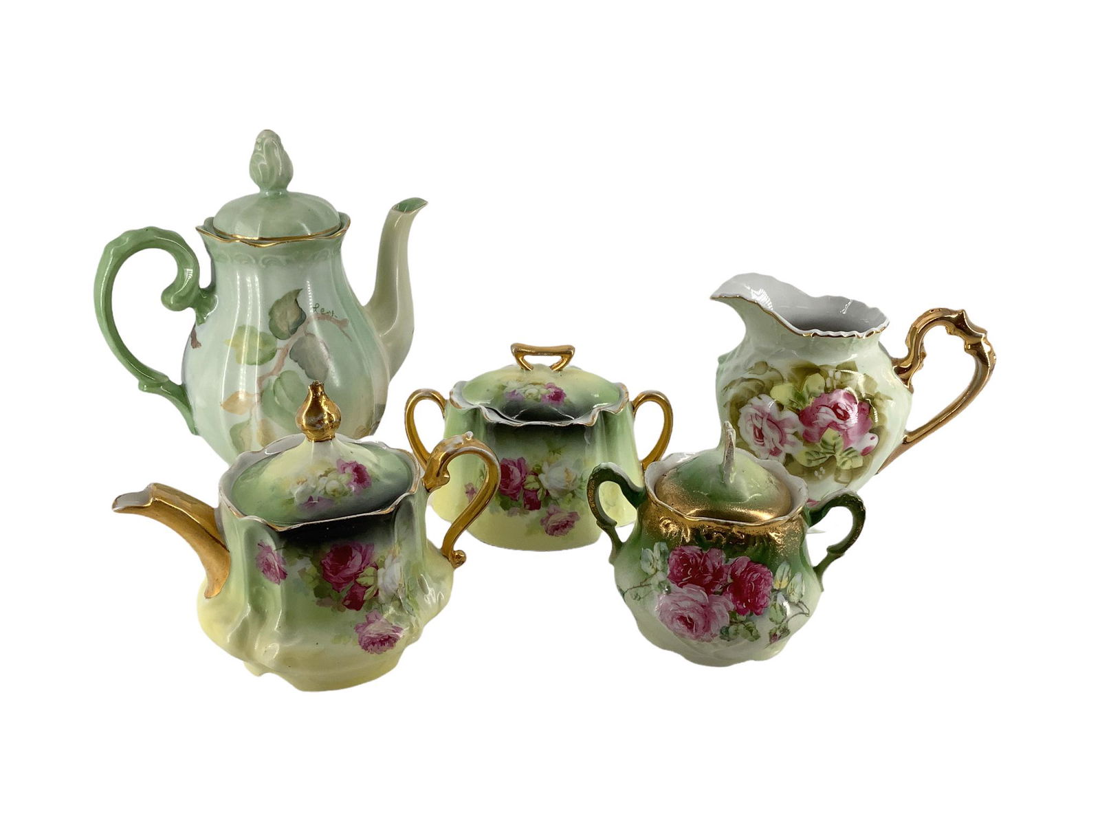 Lot of 5 green hand painted floral design china pieces including teapot, 2 sugar bowls, 1 creamer (1 of 1)
