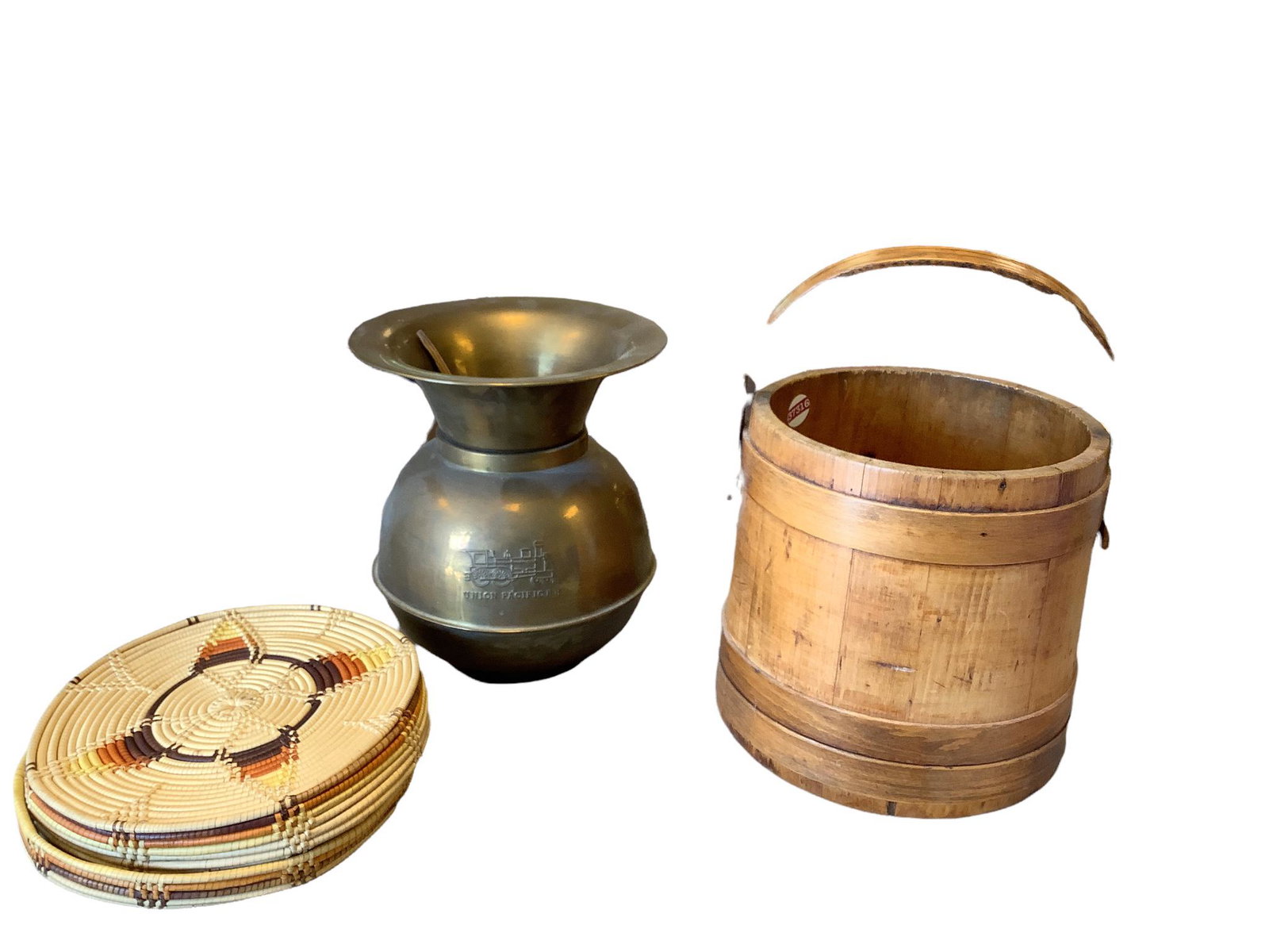 Vintage solid brass Union Pacific R.R.Train Spittoon, 10" tall. Antique wooden firkin sugar bucket (1 of 1)