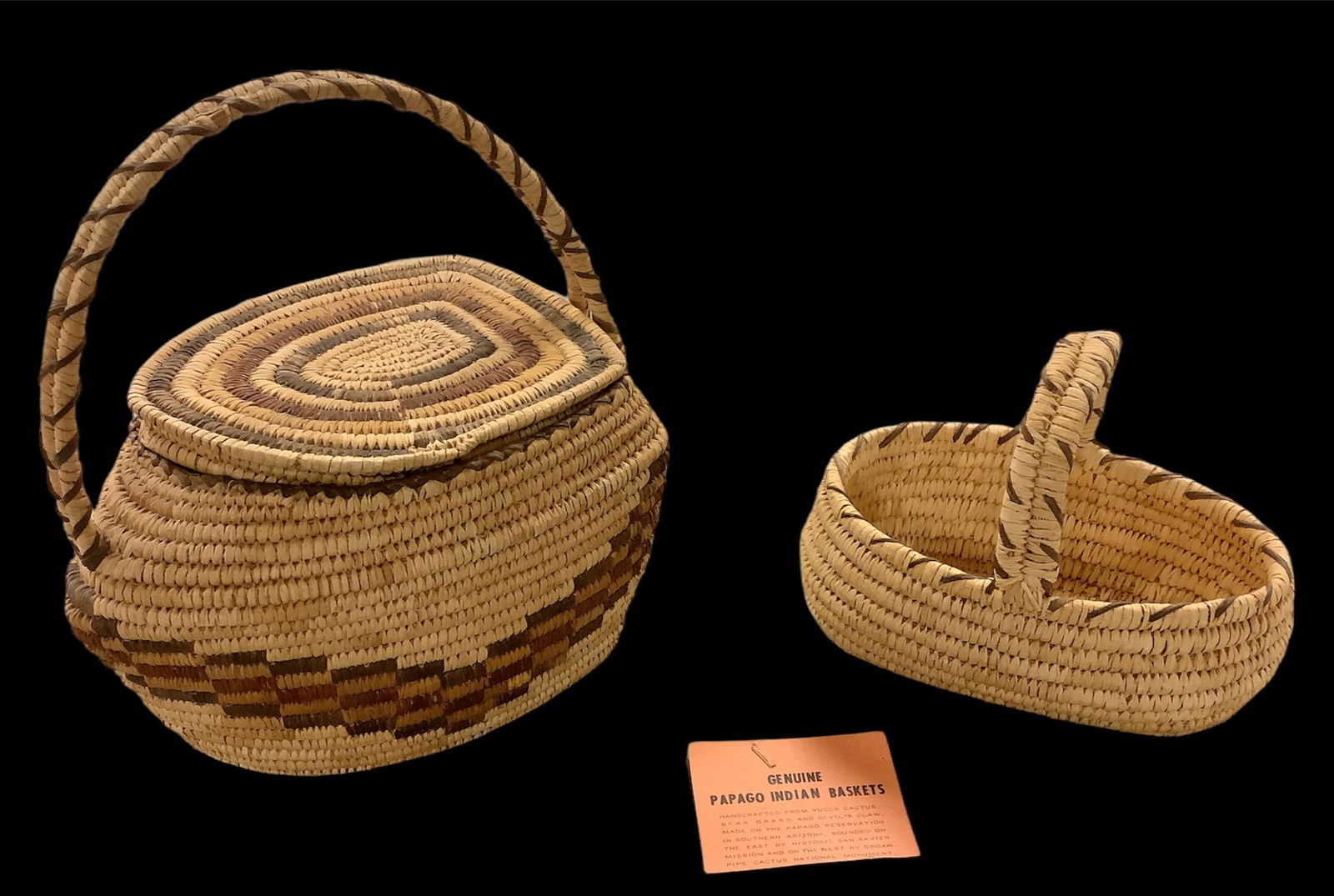 2 Papago Indian baskets - one shaped like an iron 10" tall x 9" wide, one 7" long oval with handle. (1 of 1)