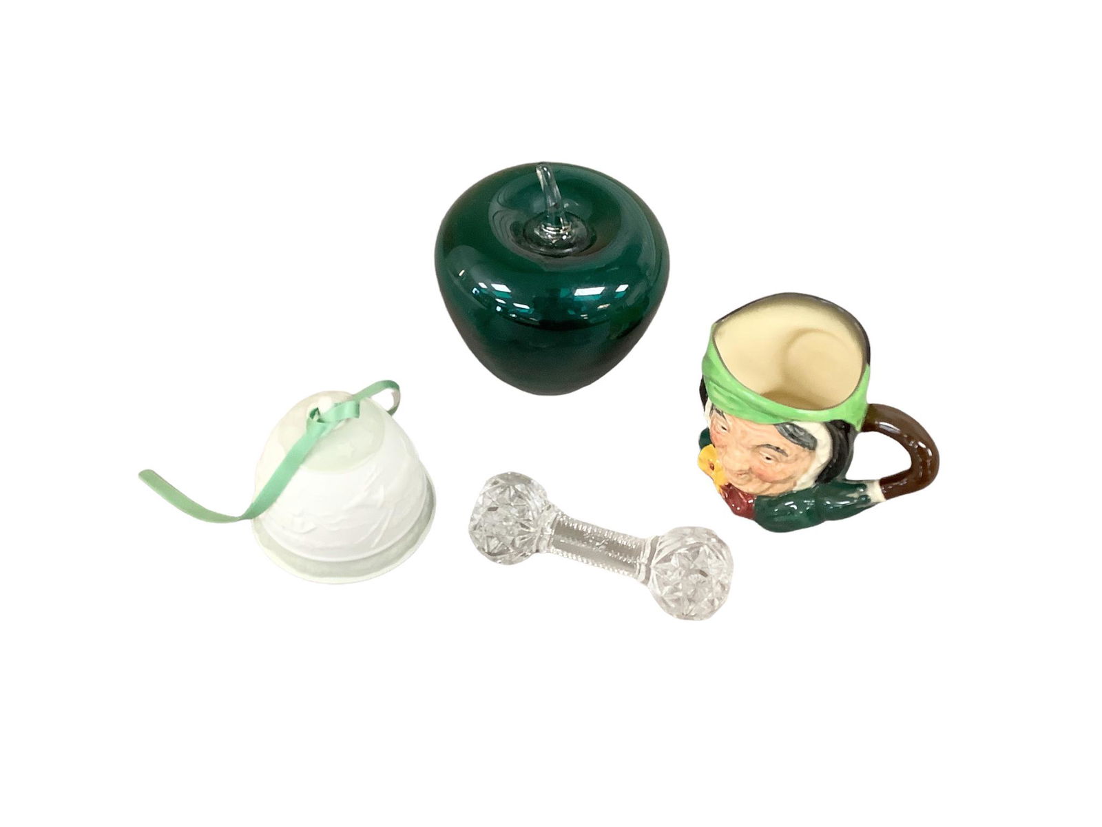 Lot of 4 items including Lladro 1988 bell, Royal Doulton small Toby mug "Sairey Gamp", Blenko green (1 of 2)