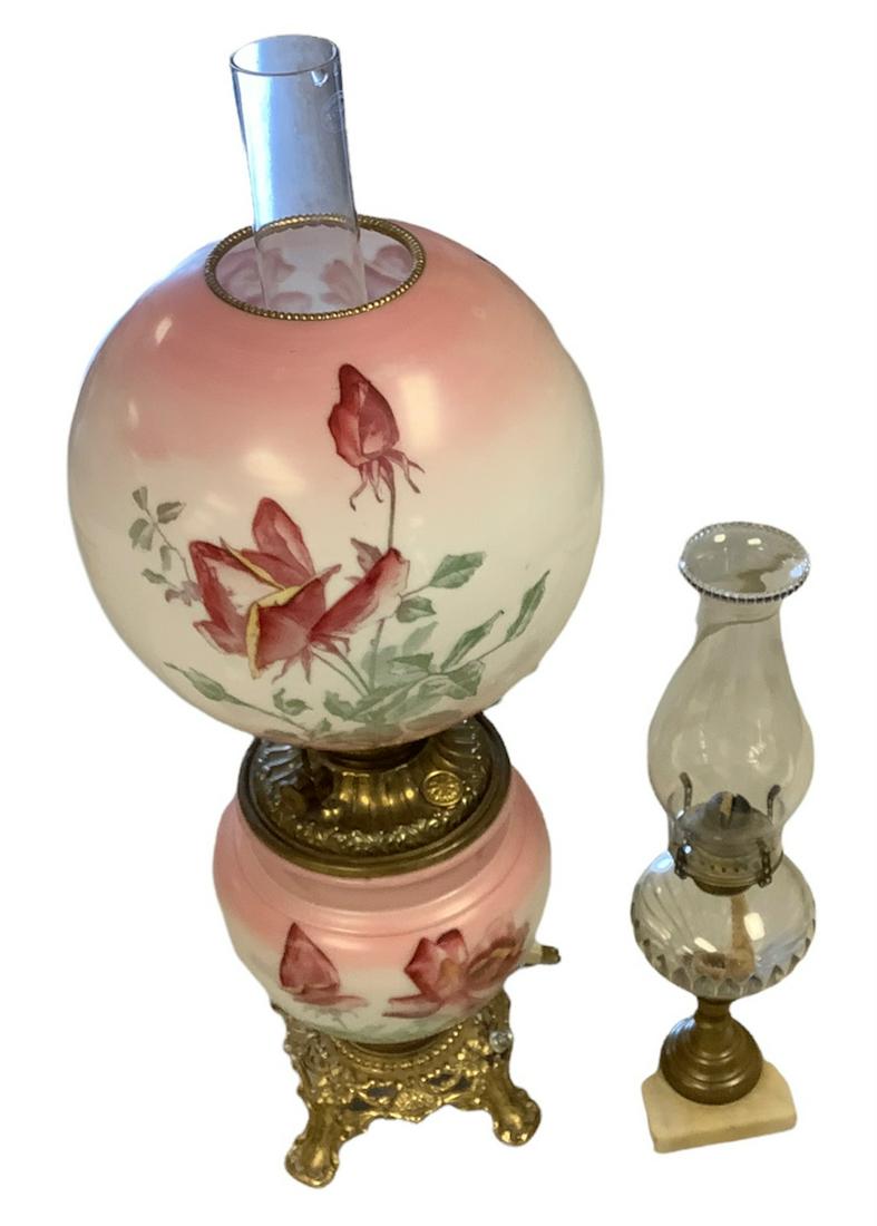 Vintage Antique Hurricane lamp with pink floral design 26" tall. Untested. Vintage glass oil lamp (1 of 1)