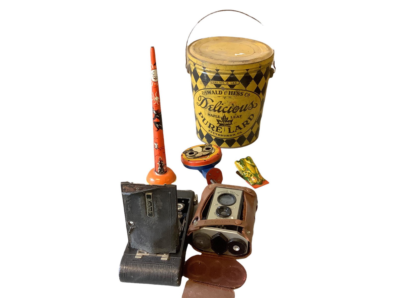 Vintage Maple Leaf Pure Lard Can, Noise makers and two vantage cameras Brownie and Kodak.: Vintage Maple Leaf Pure Lard Can, Noise makers and two vantage cameras Brownie and Kodak.