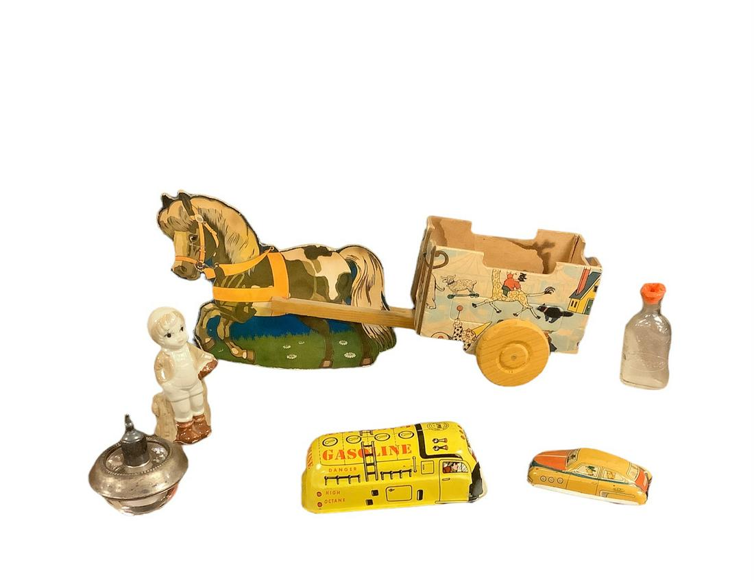 Lot of a Pull Toy horse. Two mini old tin autos, gasoline truck, and a toy car. (1 of 2)