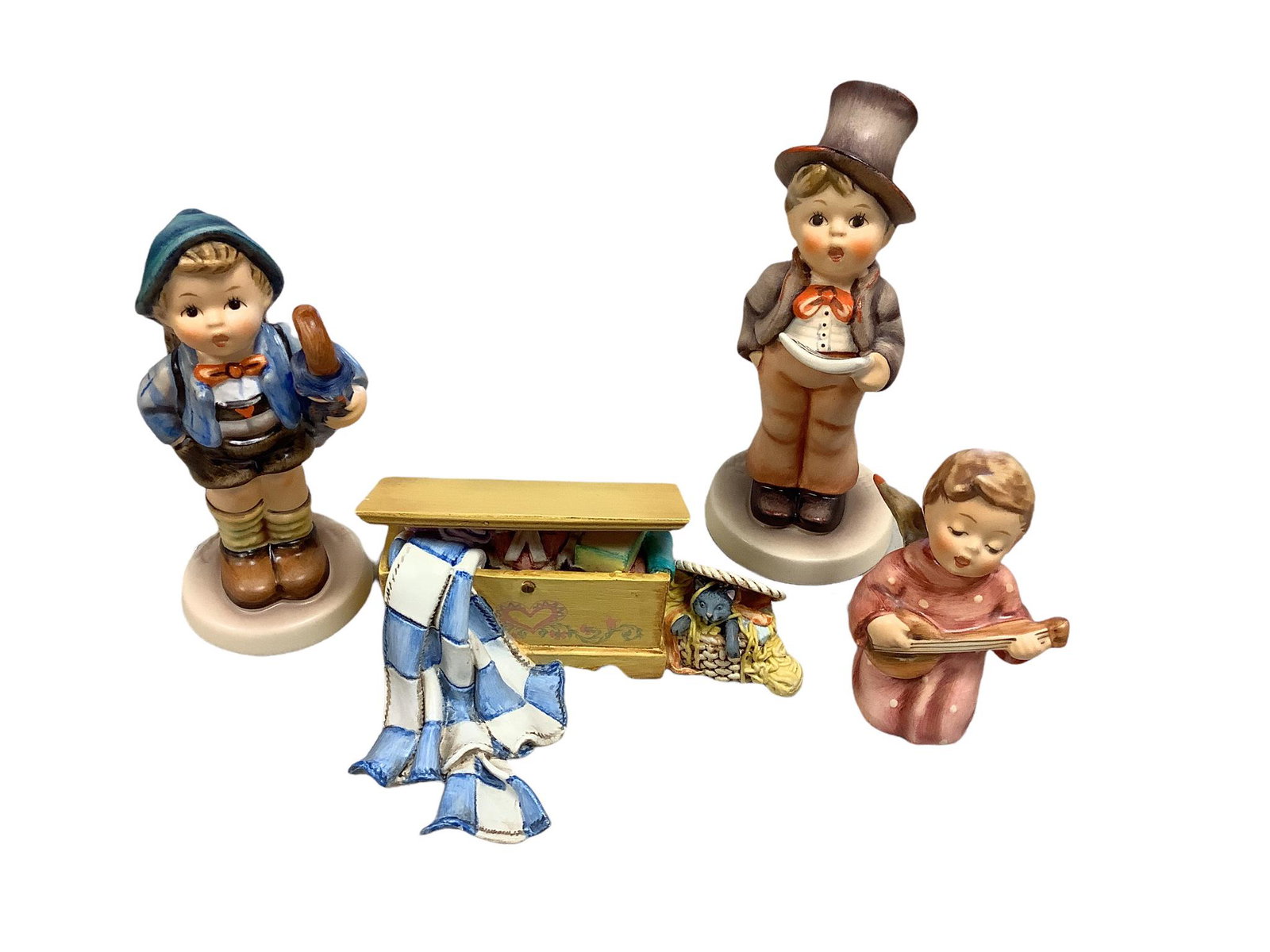 3 Hummels and a Hummel hope chest including "Home From Market": 3 Hummels and a Hummel hope chest including "Home From Market"