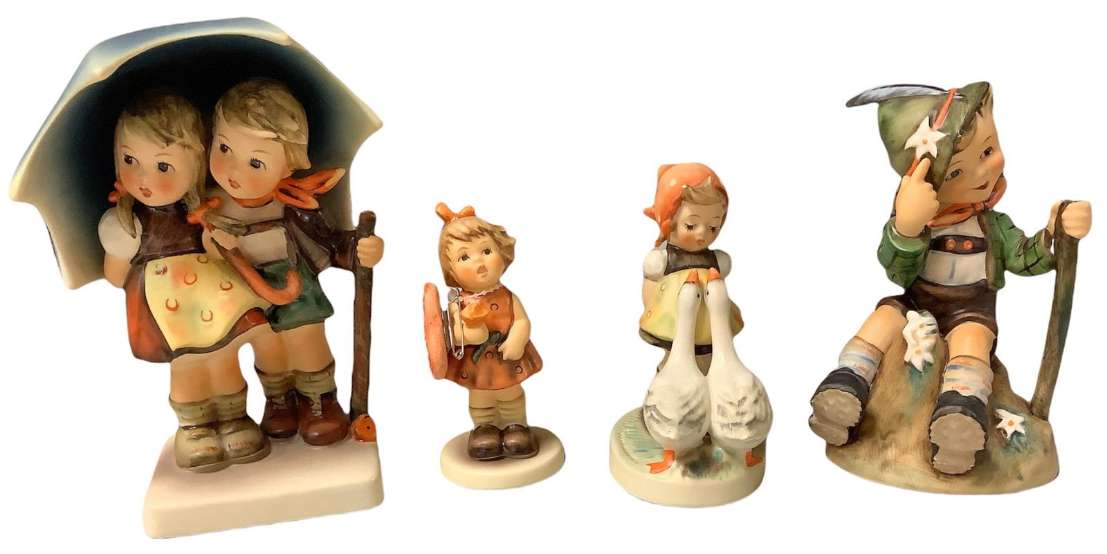 Lot of 4 Hummel figurines including Goose Girl, Roses are Red with 1.5" heart brooch attached, (1 of 3)