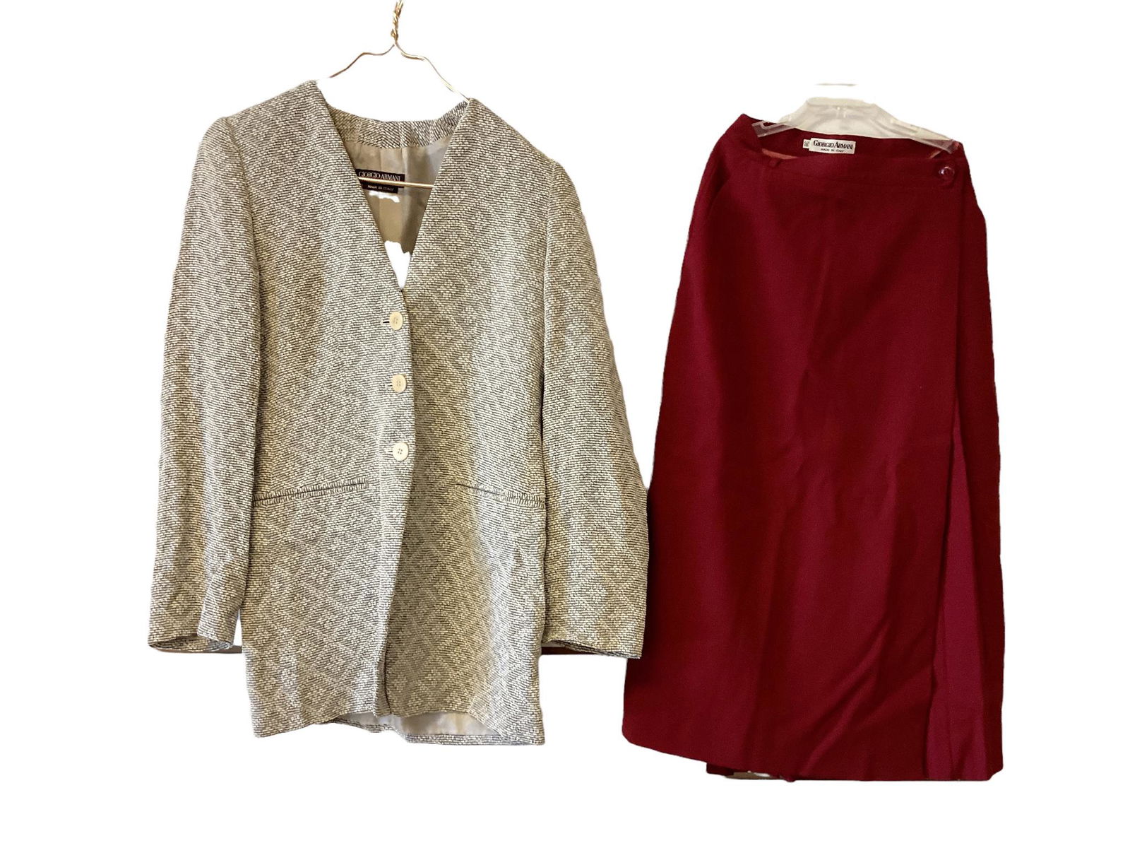 Pair (2) pieces of vintage clothing including George Armani gray & white jacket probably size S &: Pair (2) pieces of vintage clothing including George Armani gray & white jacket probably size S & Giorgio Armani burgundy skirt size 38.