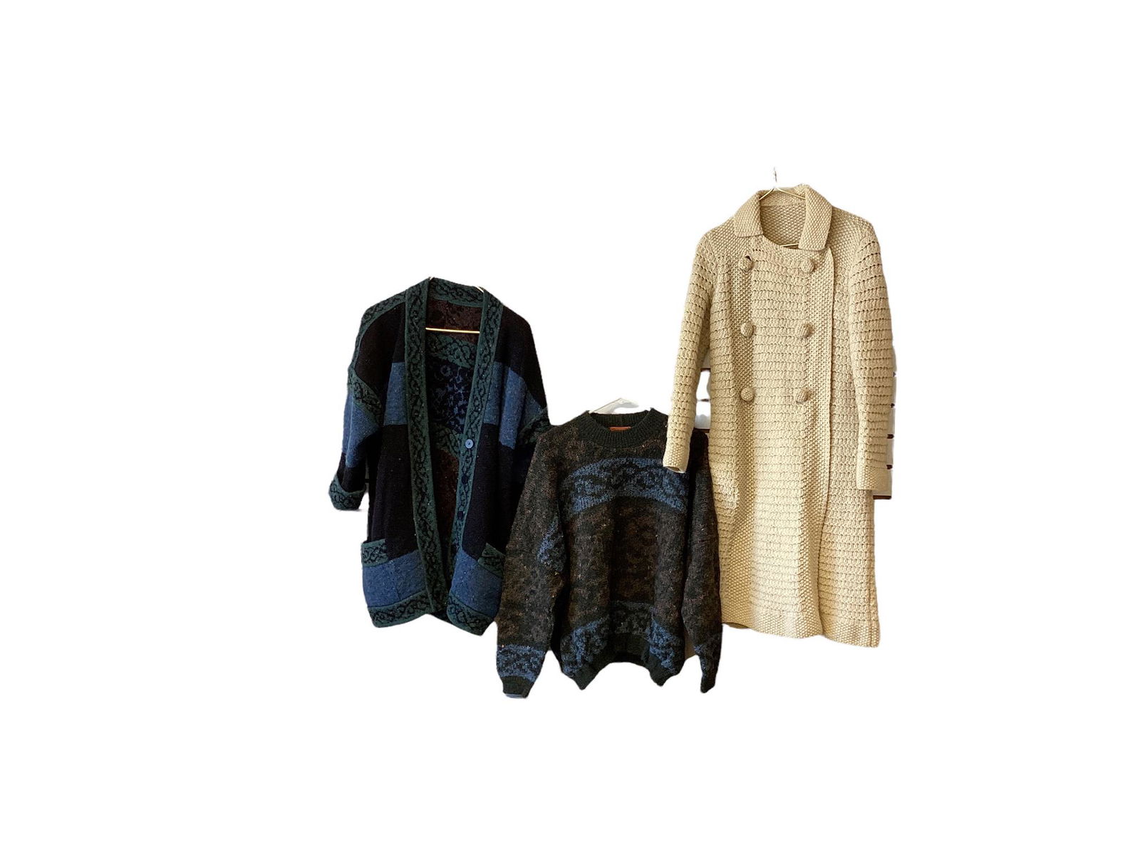 Lot of (3) pieces of vintage clothing including multi colored button up sweater (no tag) probably a (1 of 4)