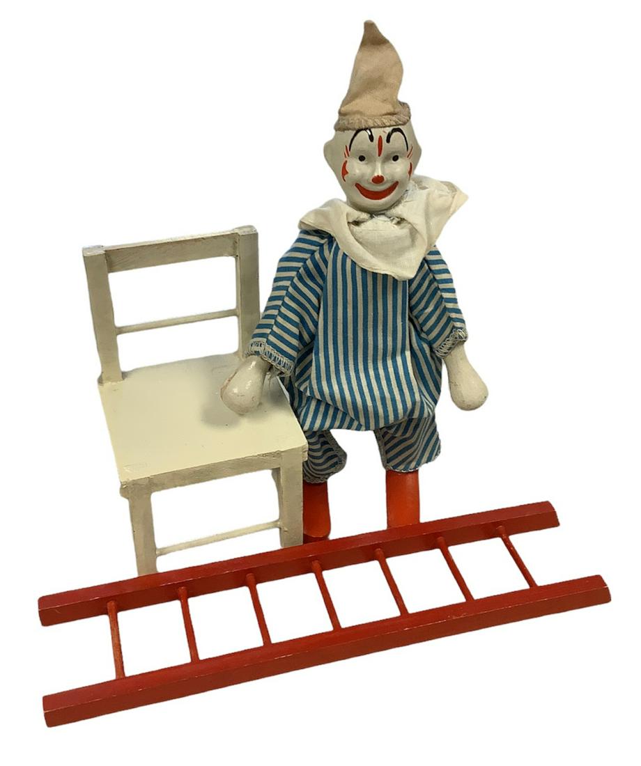 Humpty Dumpty Circus Clown, ladder and chair by Schoenhut., Clown 7.5" tall, ladder 8" long, chair (1 of 1)