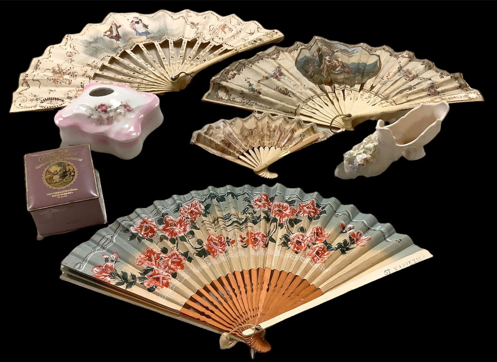 4 folding fans, 1 vintage English Lavender Powder metal lid box and porcelain china floral hair (1 of 1)