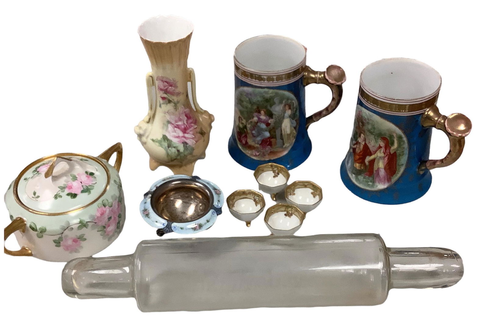 Antique vintage lot of collectibles. Nippon footed salt sellers, hand painted steins (5 1/4"), hand (1 of 4)