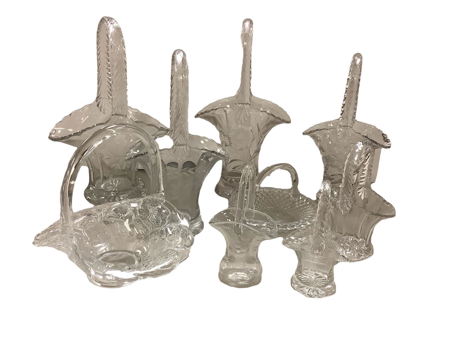 Assorted crystal baskets - lot of 9. Various designs. Two at 11" tall, two at 10" tall, one at 7", (1 of 2)