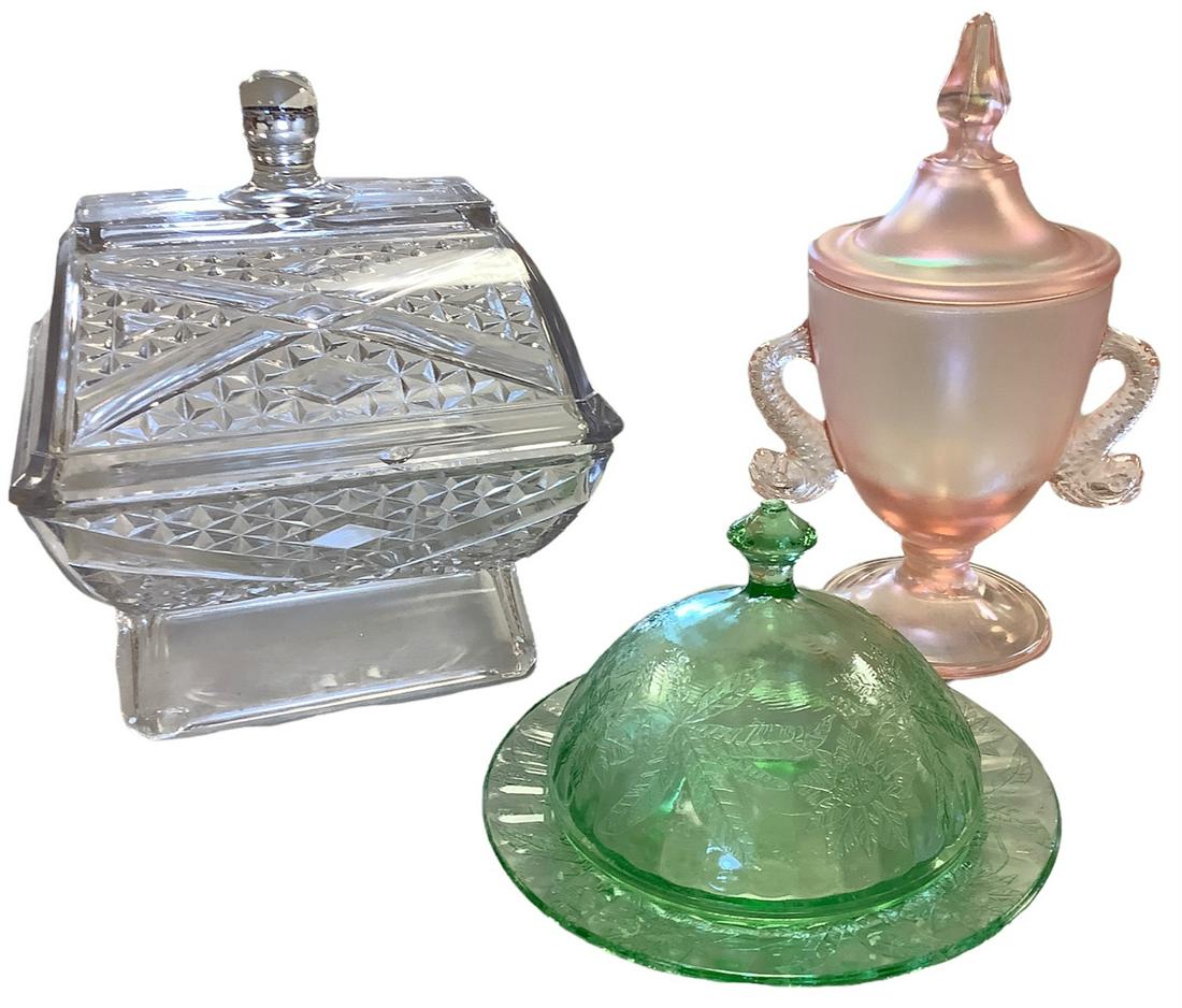 Fenton Velva Rose candy dish 9" tall. Vintage green glass covered round butter dish 6.5"x4.5". (1 of 2)