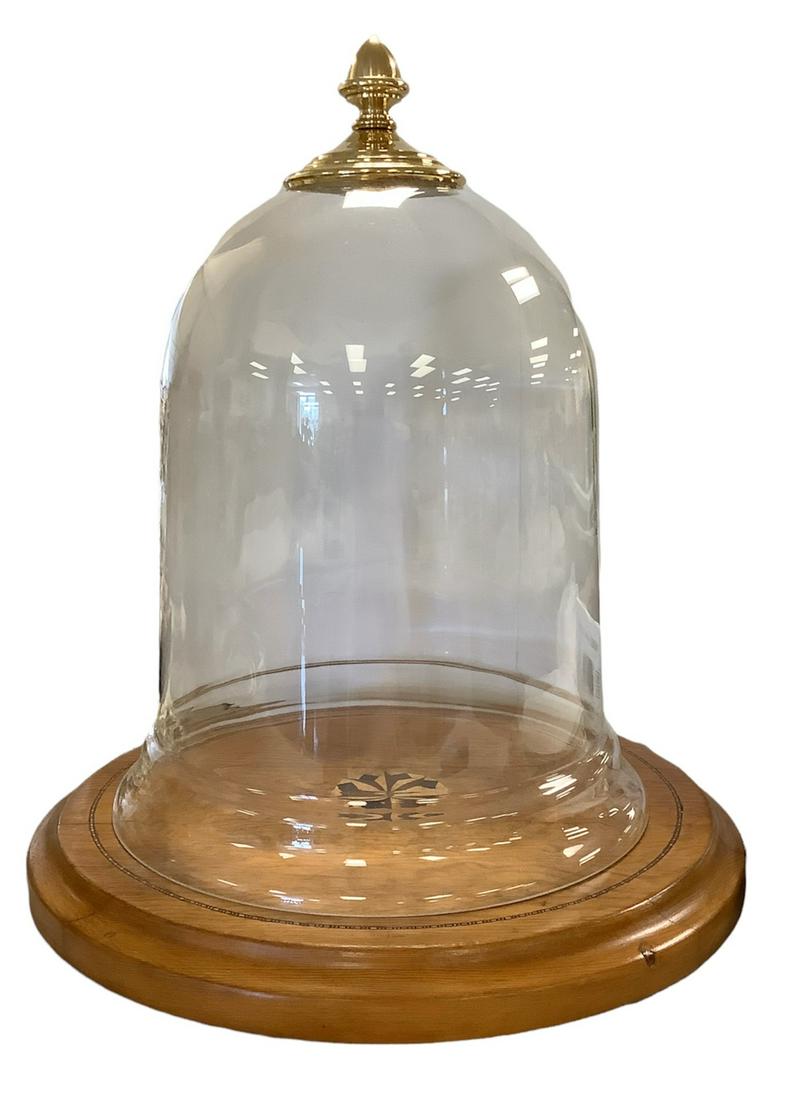 Vintage wooden and glass display dome. Wooden base has an intricately designed parquet medallion and (1 of 2)