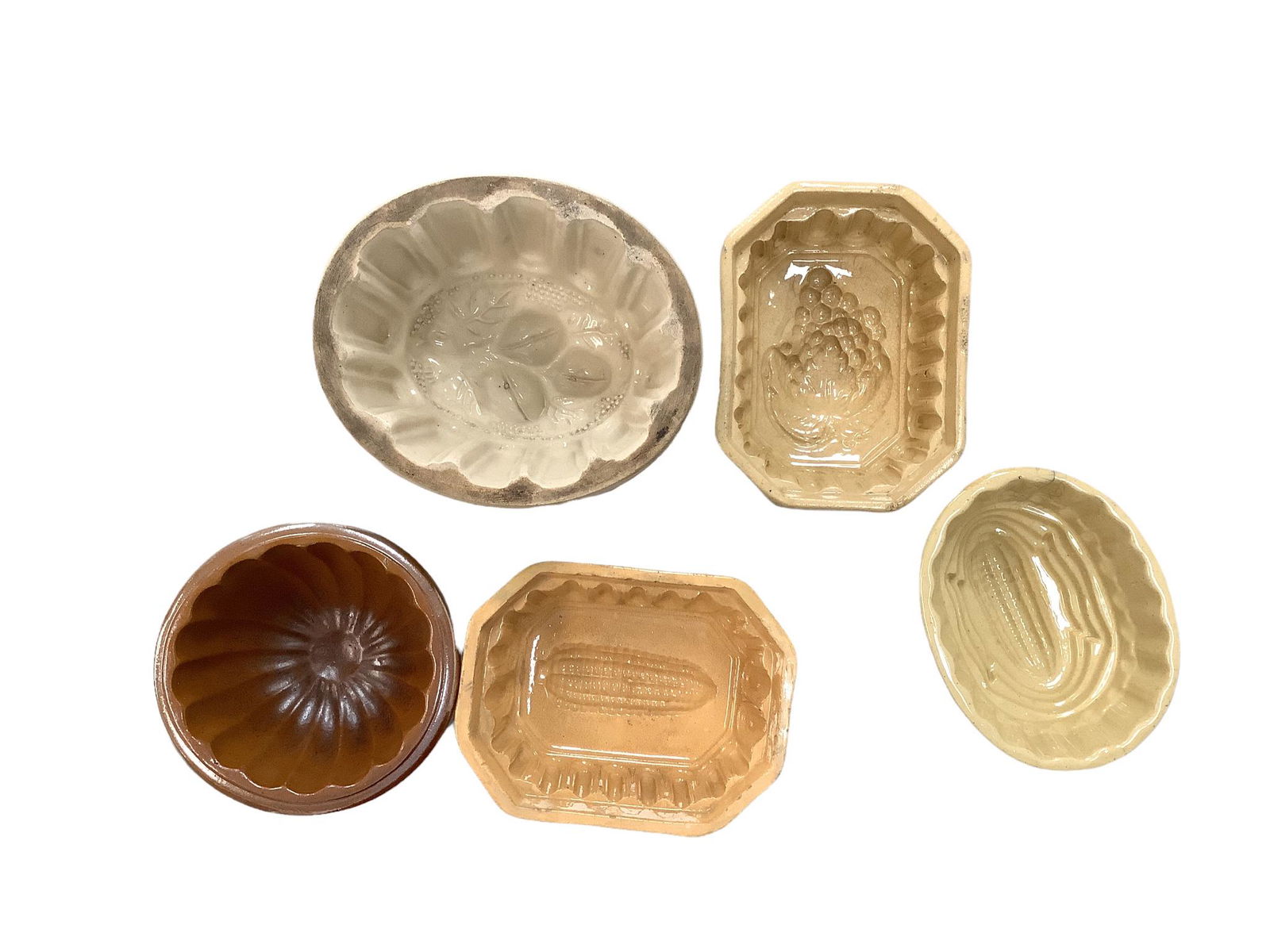 Lot of 5 stoneware food molds - various shapes and designs in tans, white and gold - sizes from 6" (1 of 1)