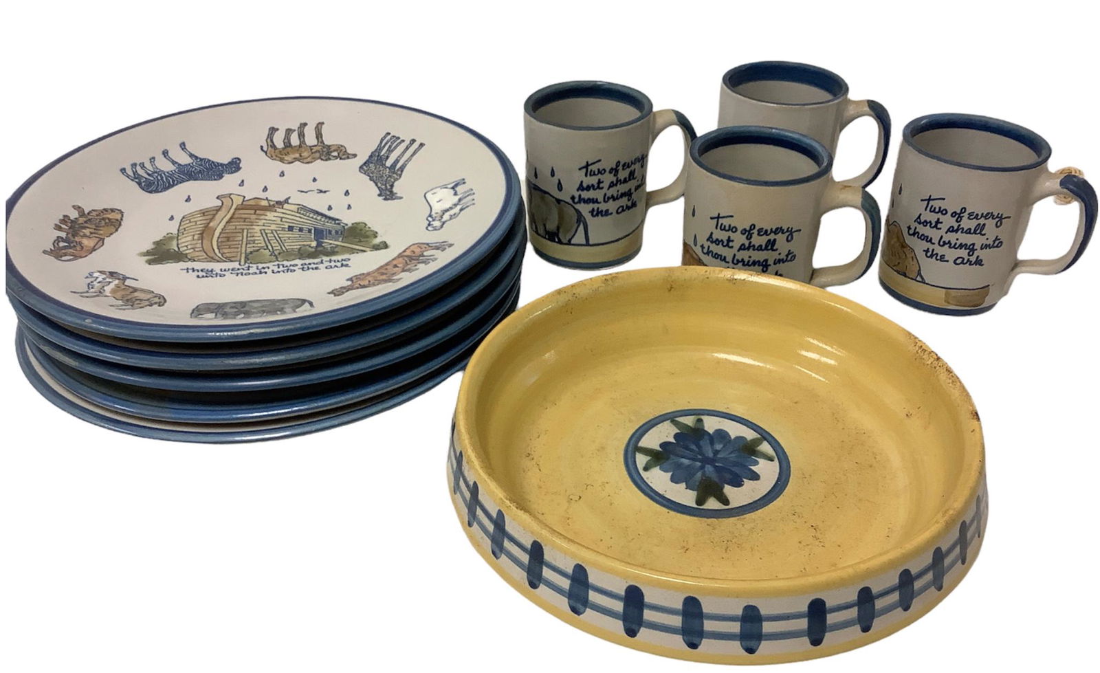 Louisville Stoneware Noah's Ark. Lot of 5 dinner plates (11"), 4 coffee cups, 1 pie plate (9"). (1 of 3)