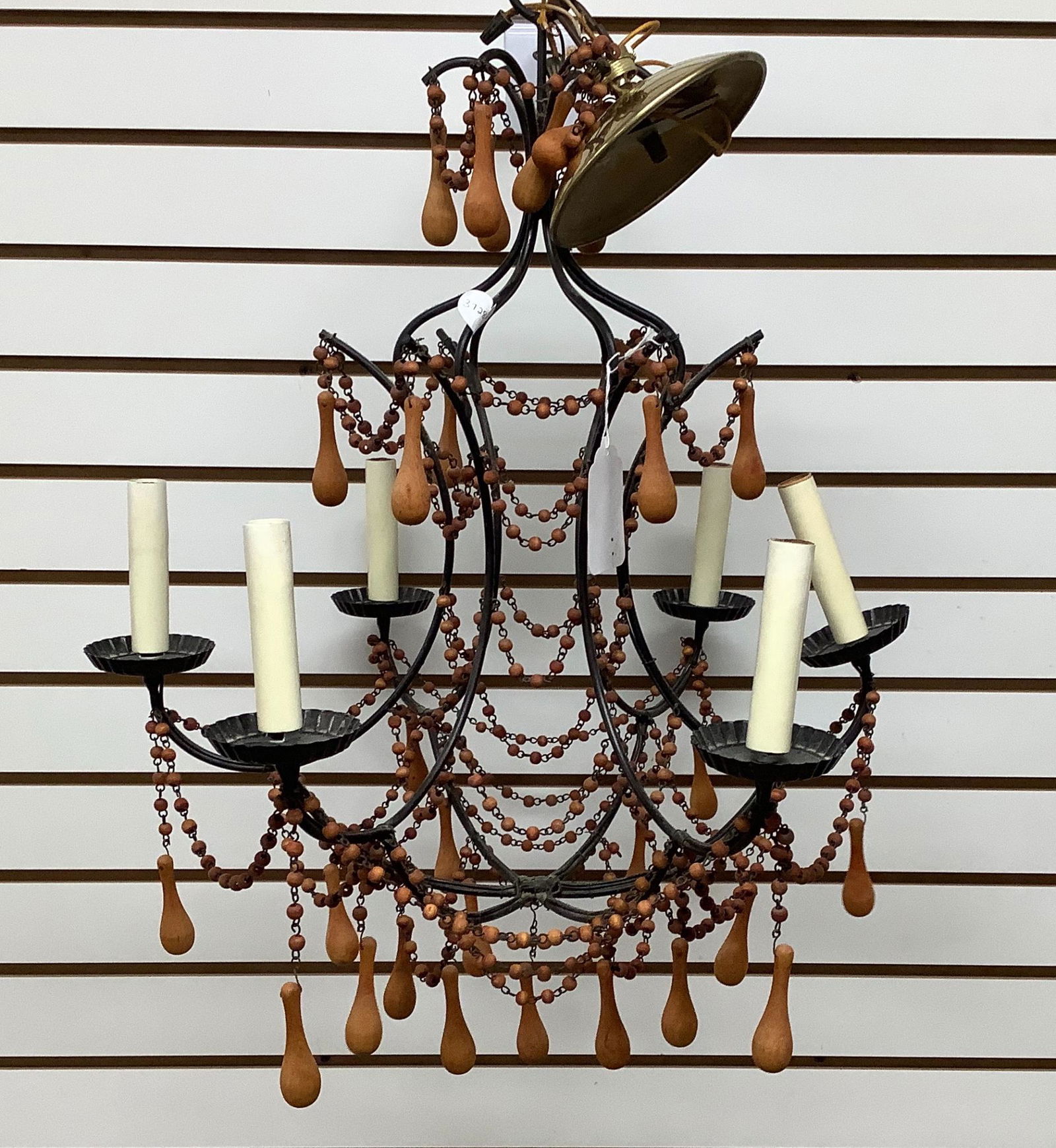 Ceiling hanging light Metal Bead Chandelier holds 6 lights 19x24", Has one bent candleholder. (1 of 1)