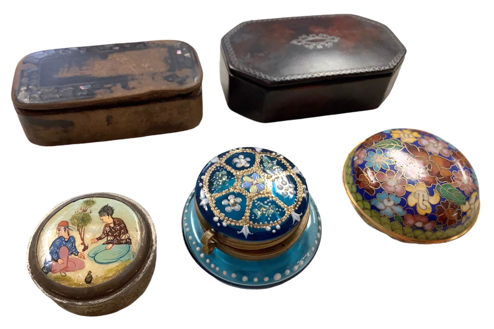 Lot of 5 small, old boxes including a pique inlaid snuff paper mache' @ 3 1/2" x 2" x 1", a hinged (1 of 2)